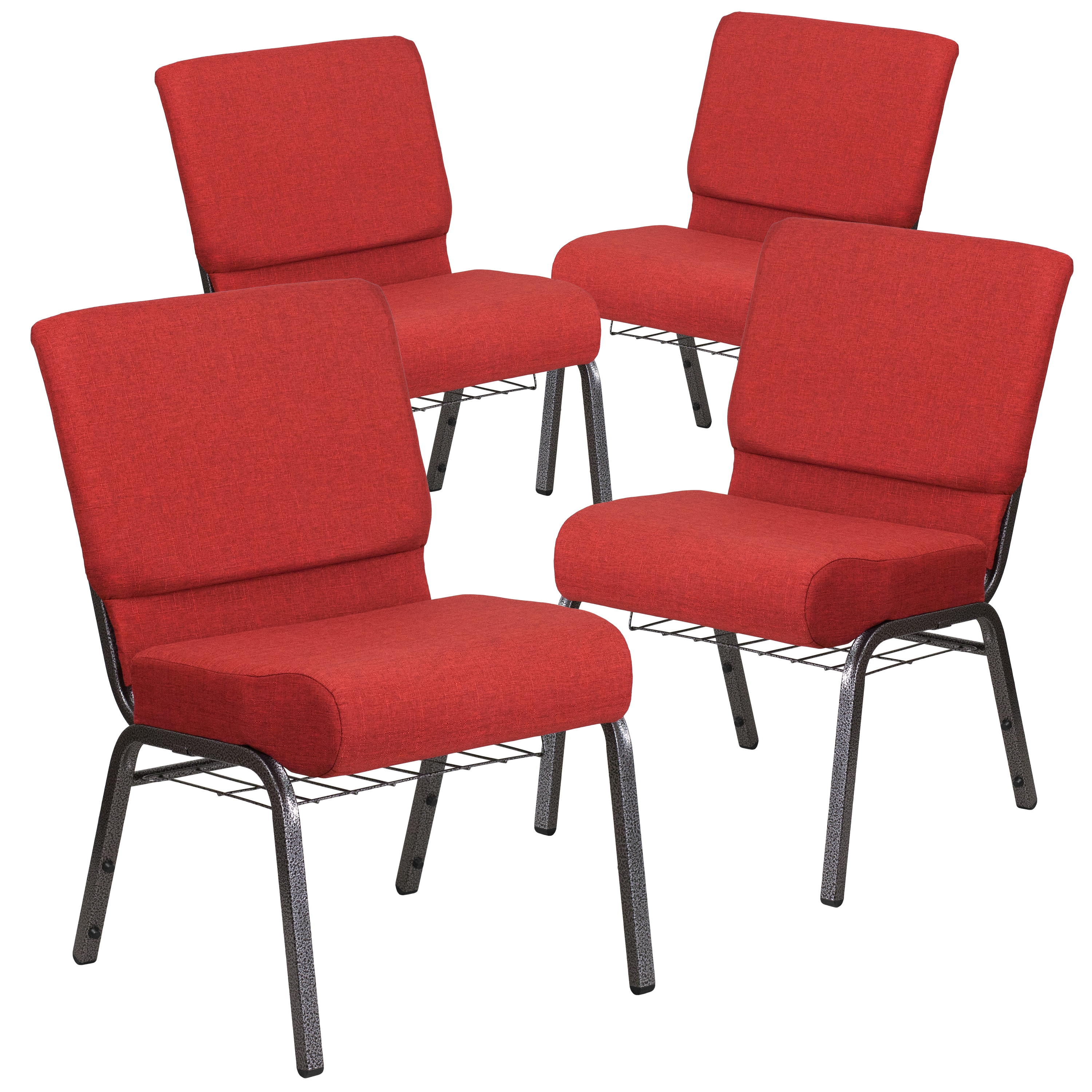 Flash Furniture 889142080909 4 Pk. HERCULES Series 21-in W Church Chair in Crimson Fabric with Cup Book Rack - Silver Vein Frame