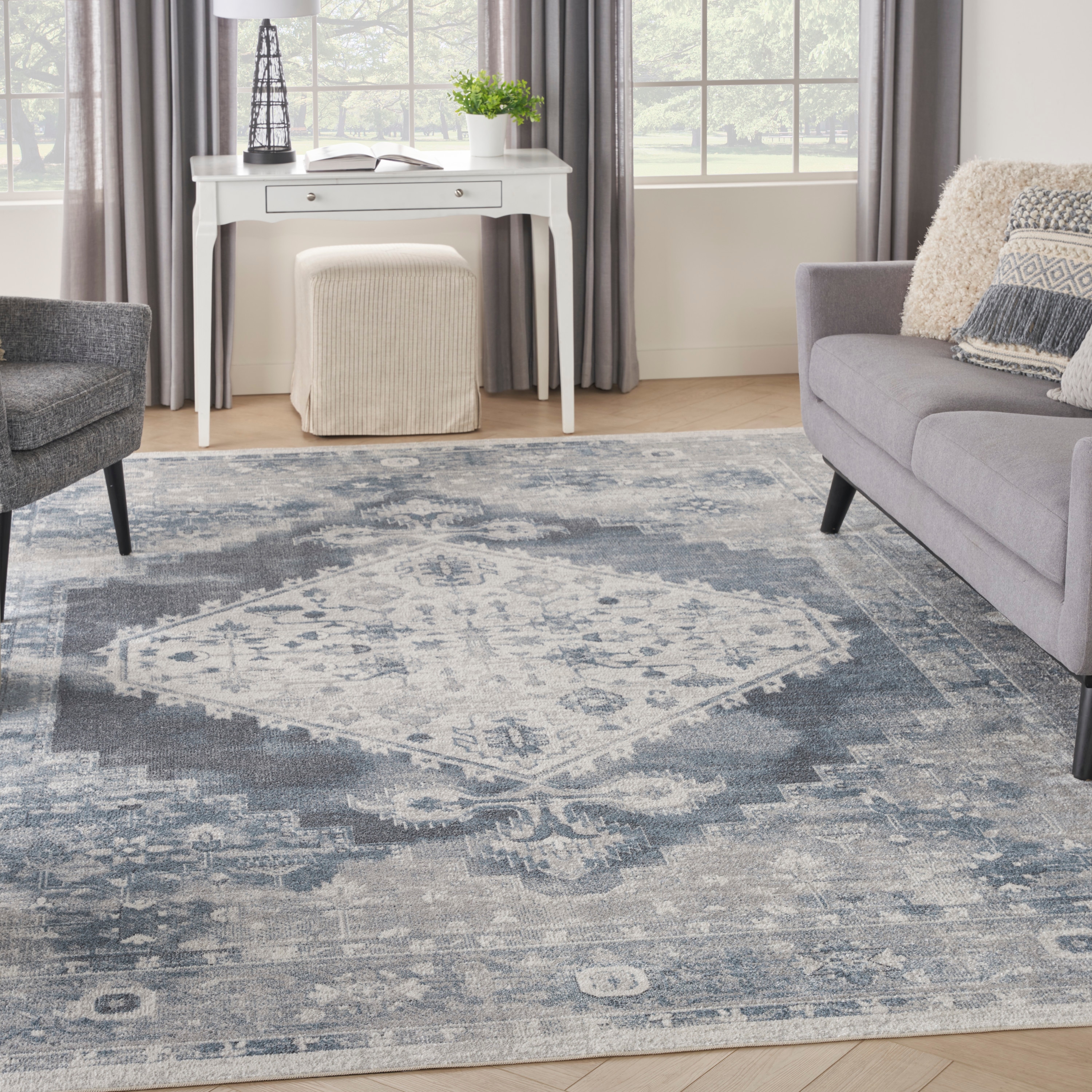 Nourison 099446123824 Astra Machine Washable 9 x 12 (ft) Loomed Polyester Blue/Ivory Rectangular Indoor Distressed/Overdyed Vintage Machine washable Area rug