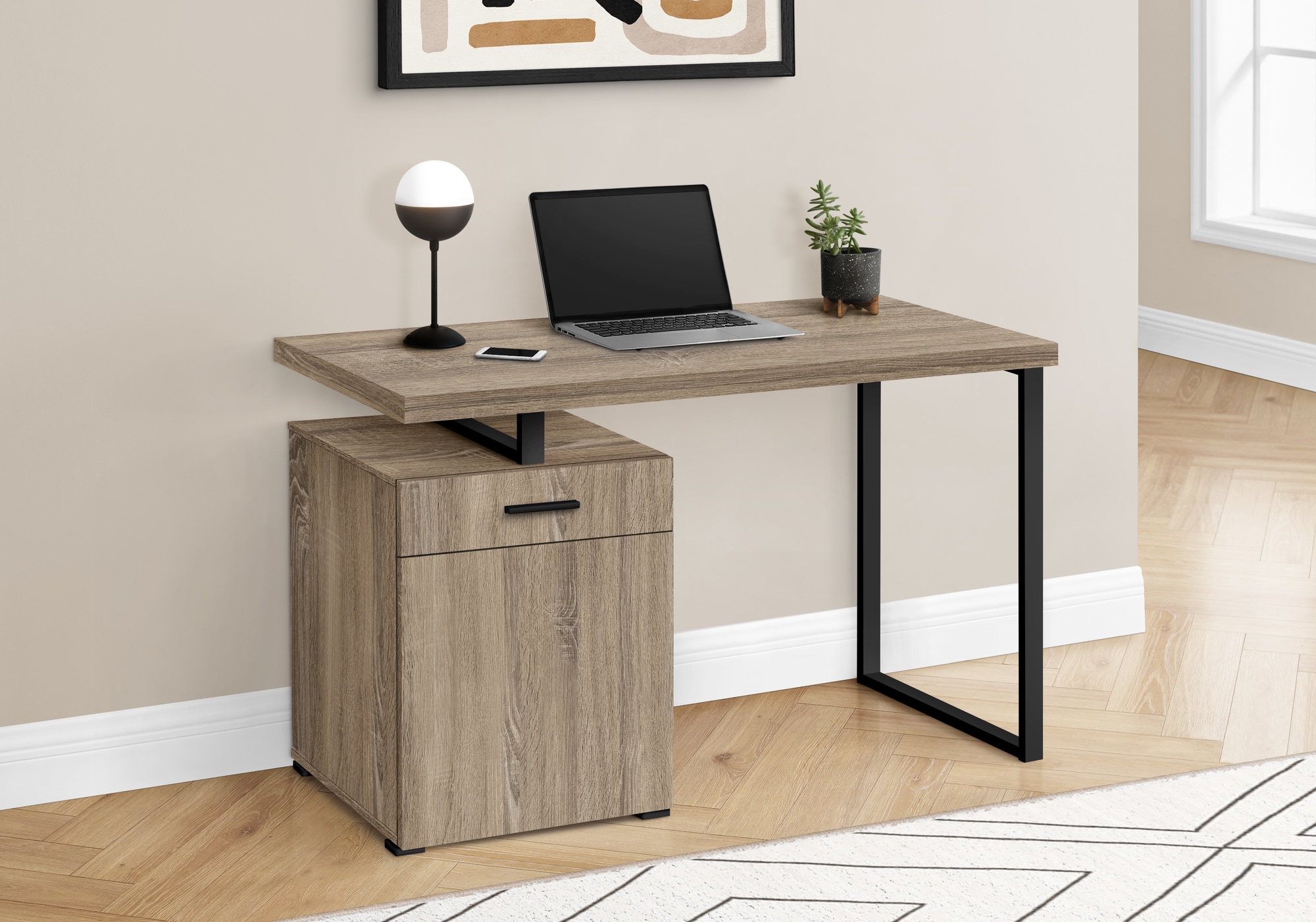 Tatayosi JL-219938 48 Inch Dark Taupe Computer Desk with Reversible Storage and Black U Frame