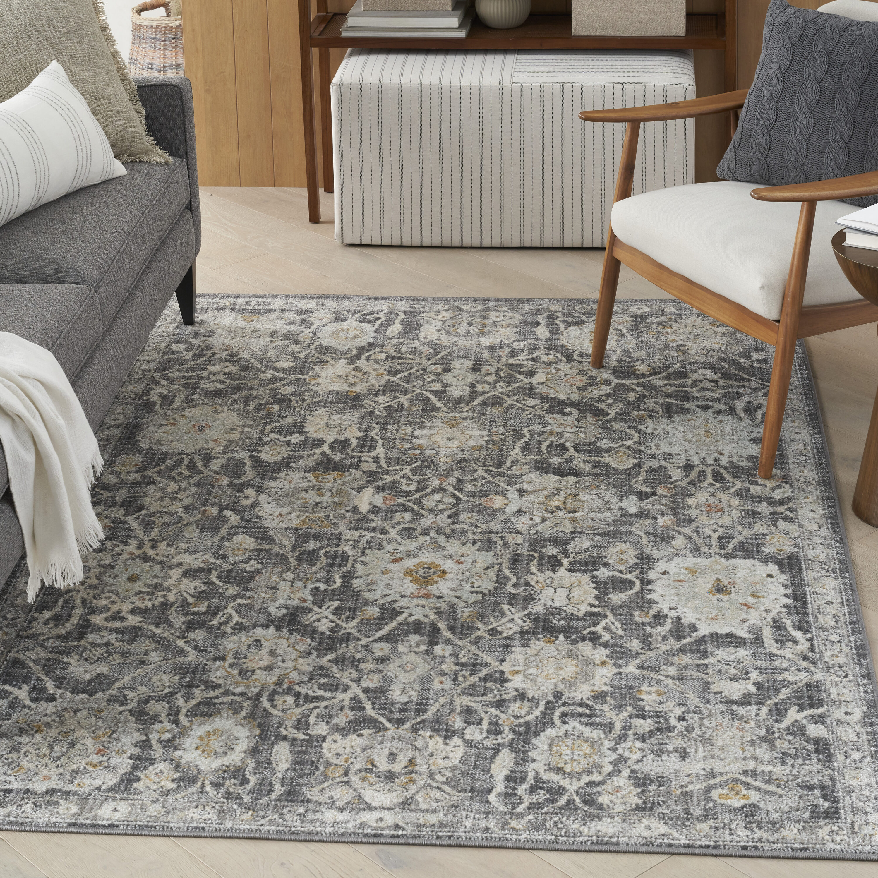 Nourison Home 099446949097 Oushak Home 5 x 7 (ft) Polypropylene Charcoal Rectangular Indoor Floral/Botanical Persian Area rug