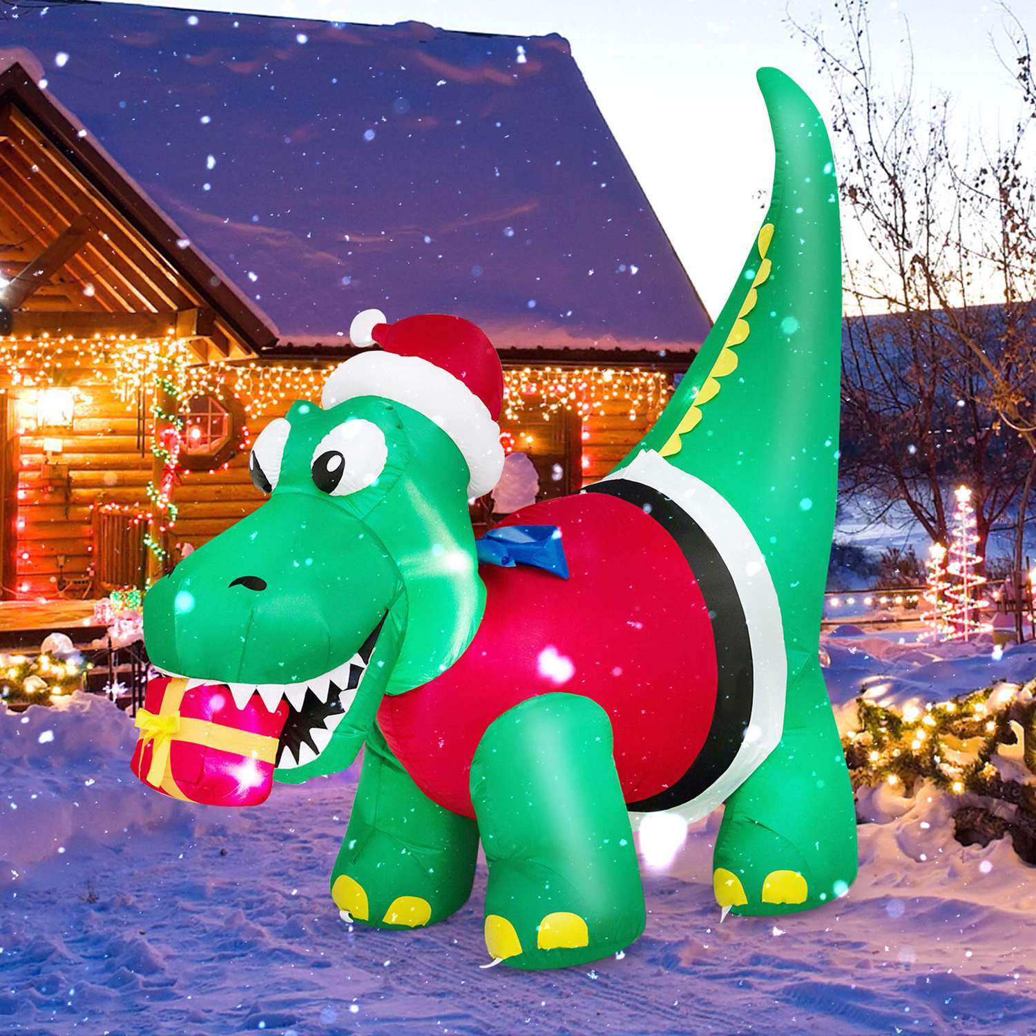 Costway CSHY000466 6FT Inflatable Christmas Dinosaur with LED Lights Gift Box and Blower Party Yard