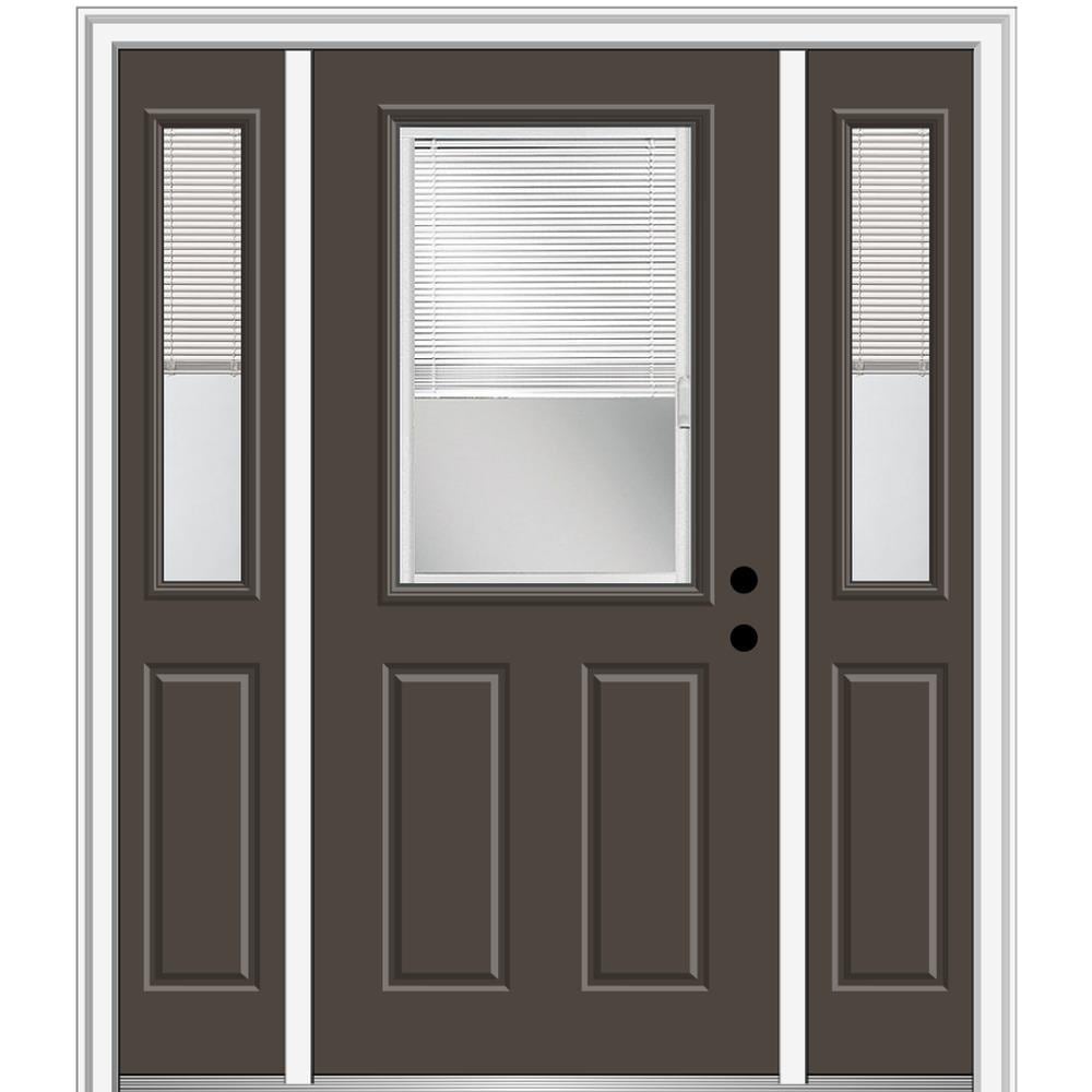 MMI DOOR ZZ13864L 60-in x 80-in x 4-9/16-in Fiberglass Half lite Left-hand inswing Brown Painted Prehung Front Door with Sidelights with Brickmould Insulating core with Blinds