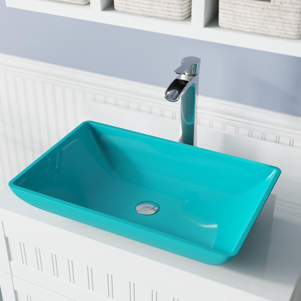 MR Direct 640-TQ-731-C Tempered glass Vessel Rectangular Modern Turquoise Bathroom Sink with Faucet Included with Drain Included ( 22.38-Inches x 14.25-Inches )