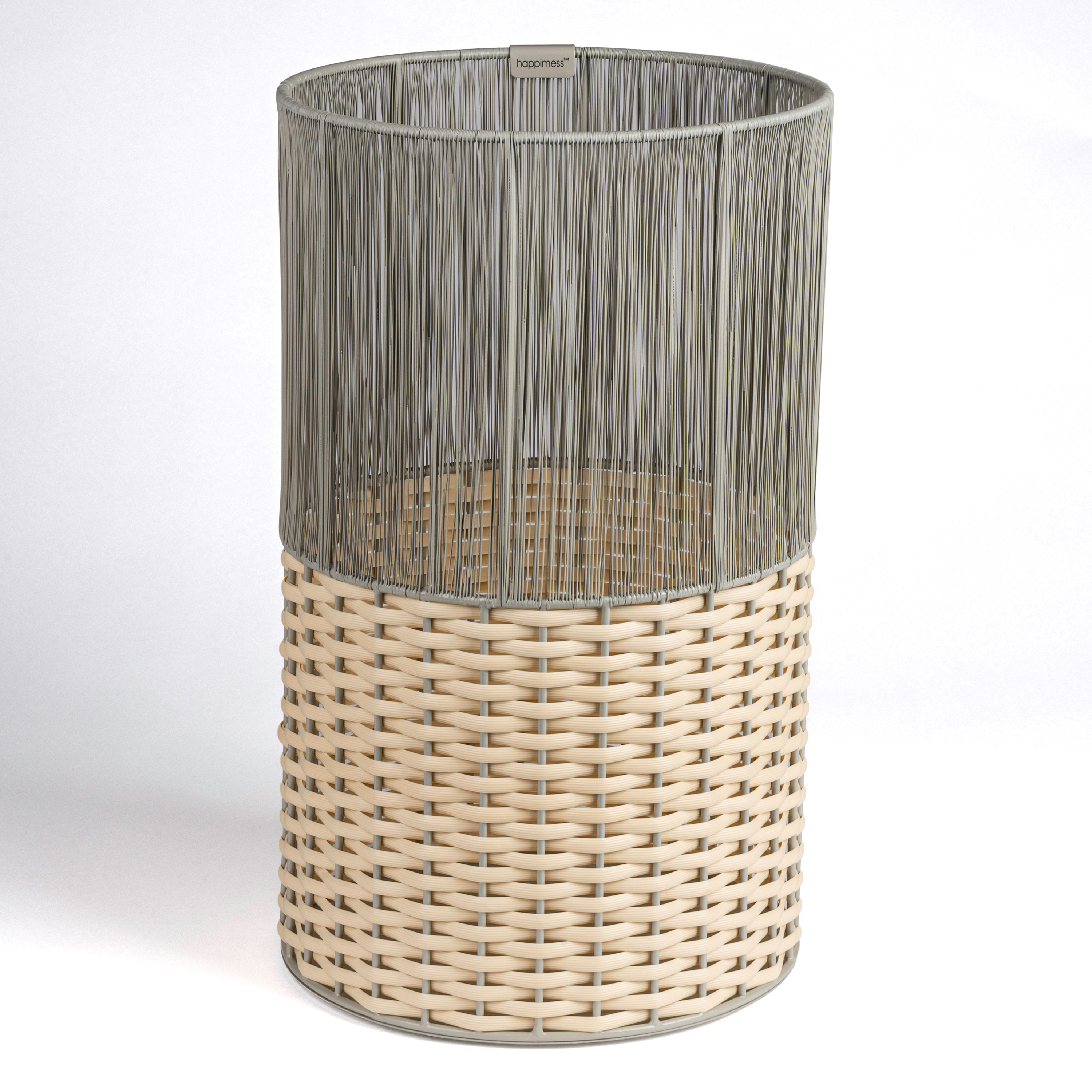 happimess HPM1101B Harper 2-Tone Faux Wicker Cylinder Outdoor Gray/Cream Metal Wastebasket