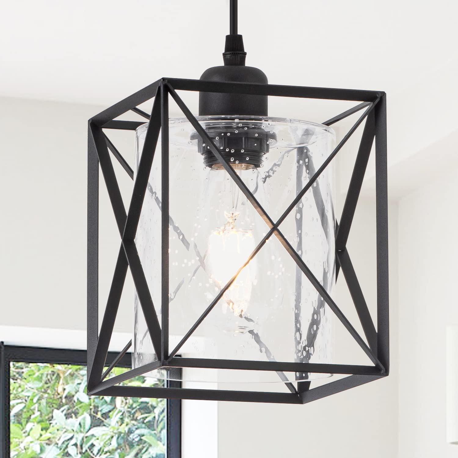 IUEST  Farmhouse Black Pendant Light with Seeded Clear Bubble Glass Industrial Cage Hanging Lighting Adjustable Cord for Kitchen Island Over Sink