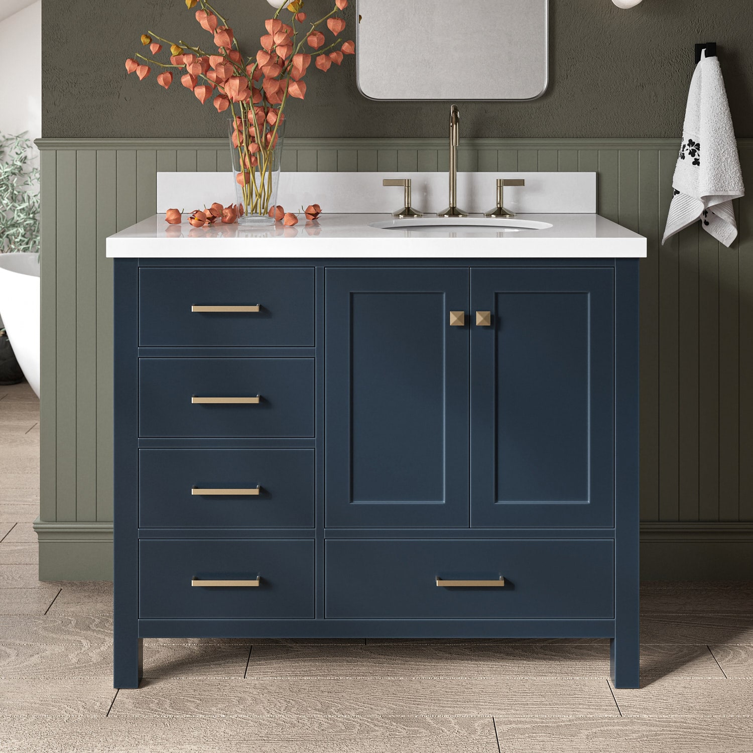 ARIEL A043SRWQOVOMNB Cambridge 43-in Midnight Blue Undermount Single Sink Bathroom Vanity with Pure White Quartz Quartz Top