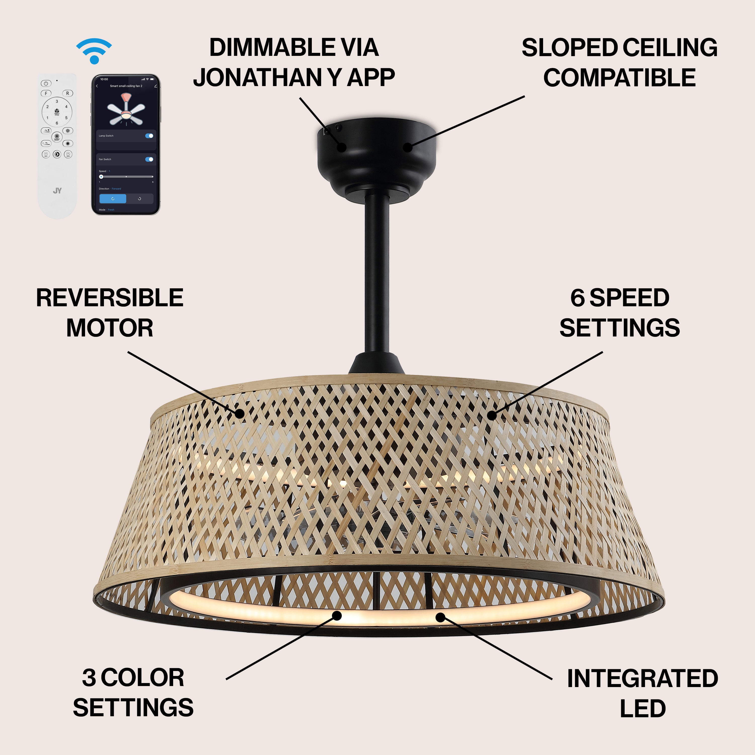Cressida 23.75" Light Brown and Black Bamboo LED Ceiling Fan with Remote