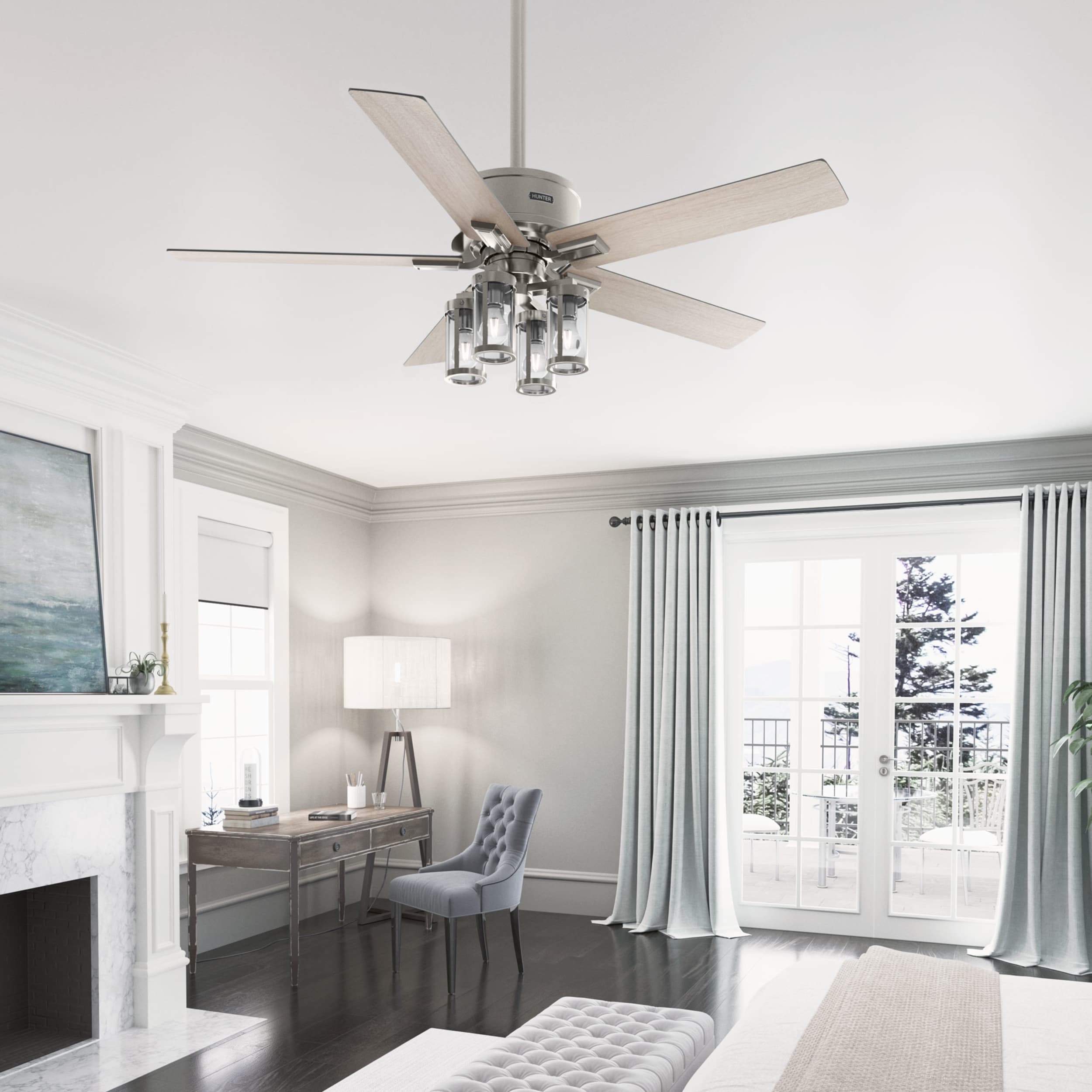 Hunter 52993 Astwood 52-in Brushed Nickel with Light Oak Blades Ceiling Fan With Light - Remote Included ( 4 -Blade )