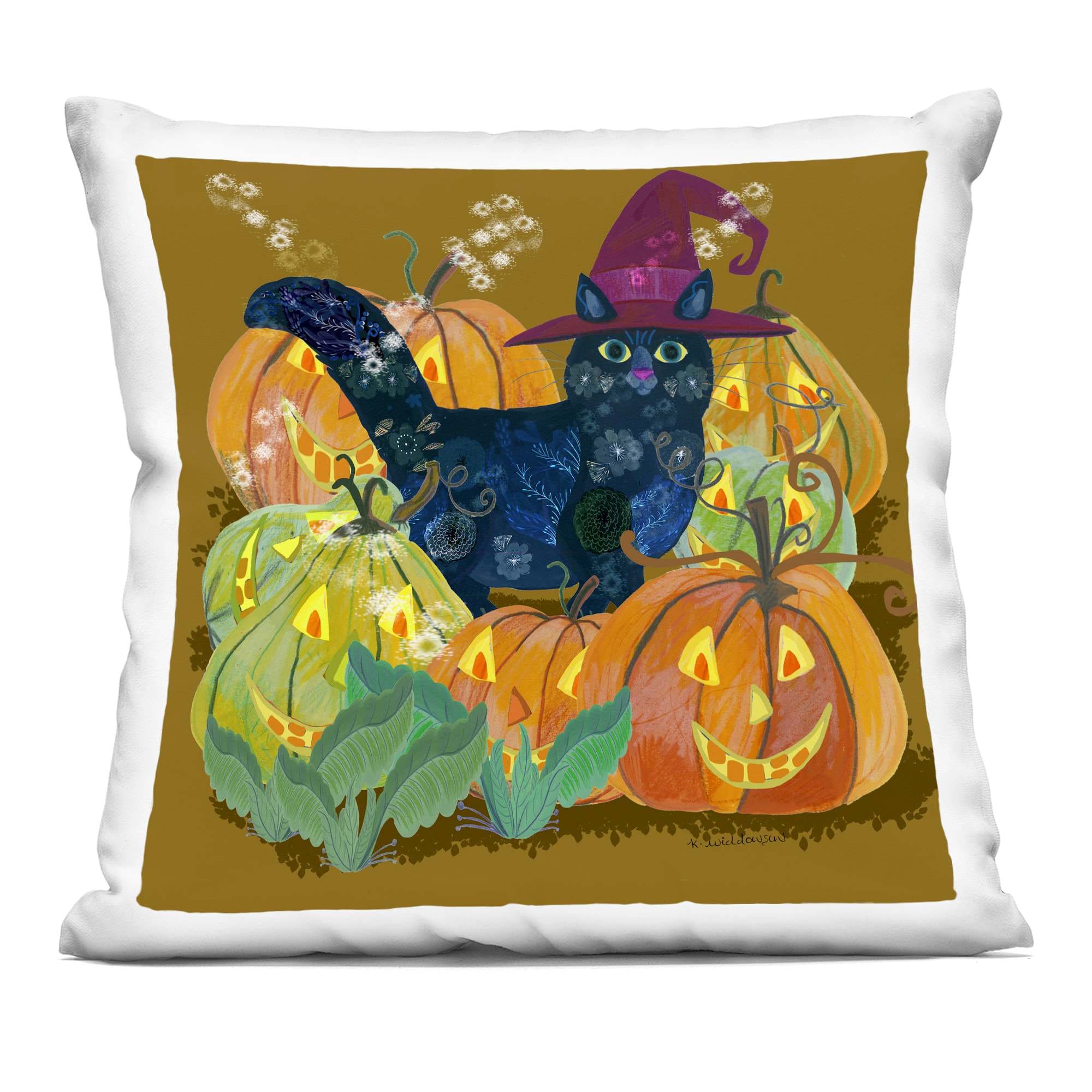 Stupell Industries PLO-920-SQW-18X18 Cat with Jack-o-Lanterns Decorative Printed Pillow Design by Kay Widdowson