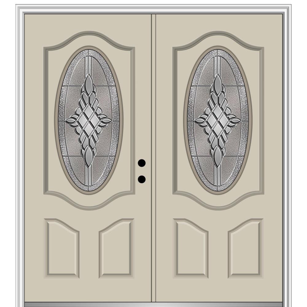 MMI DOOR ZZ365927L 72-in x 80-in x 4-9/16-in Fiberglass Oval lite Left-hand inswing Wicker Painted Prehung Double Front Door with Brickmould Insulating core