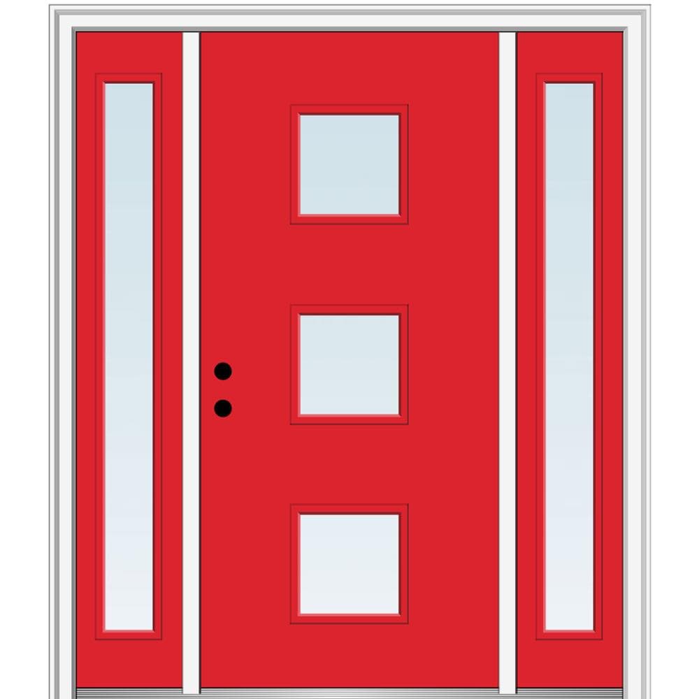 MMI DOOR ZZ348799R Spotlights 64-in x 80-in x 6-9/16-in Fiberglass Pulse lite Right-hand inswing Red Saffron Painted Prehung Front Door with Sidelights with Brickmould Insulating core