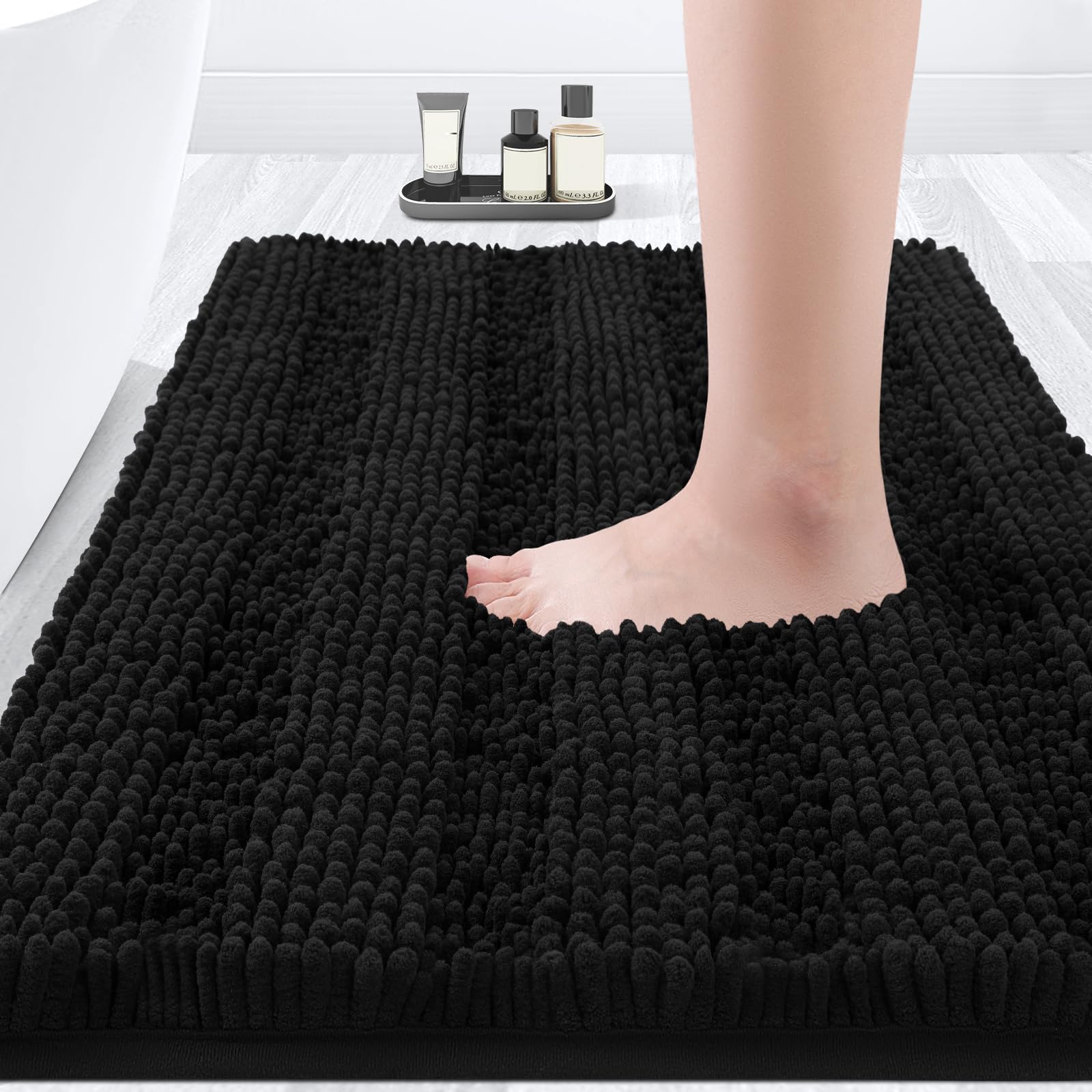 SenQWFa  Striped Black Bathroom Rug Mat Thirty Two by Twenty Inches Ultra Soft Non Slip Chenille Bath Rug for Bathroom Bedroom Kitchen Shower Tub