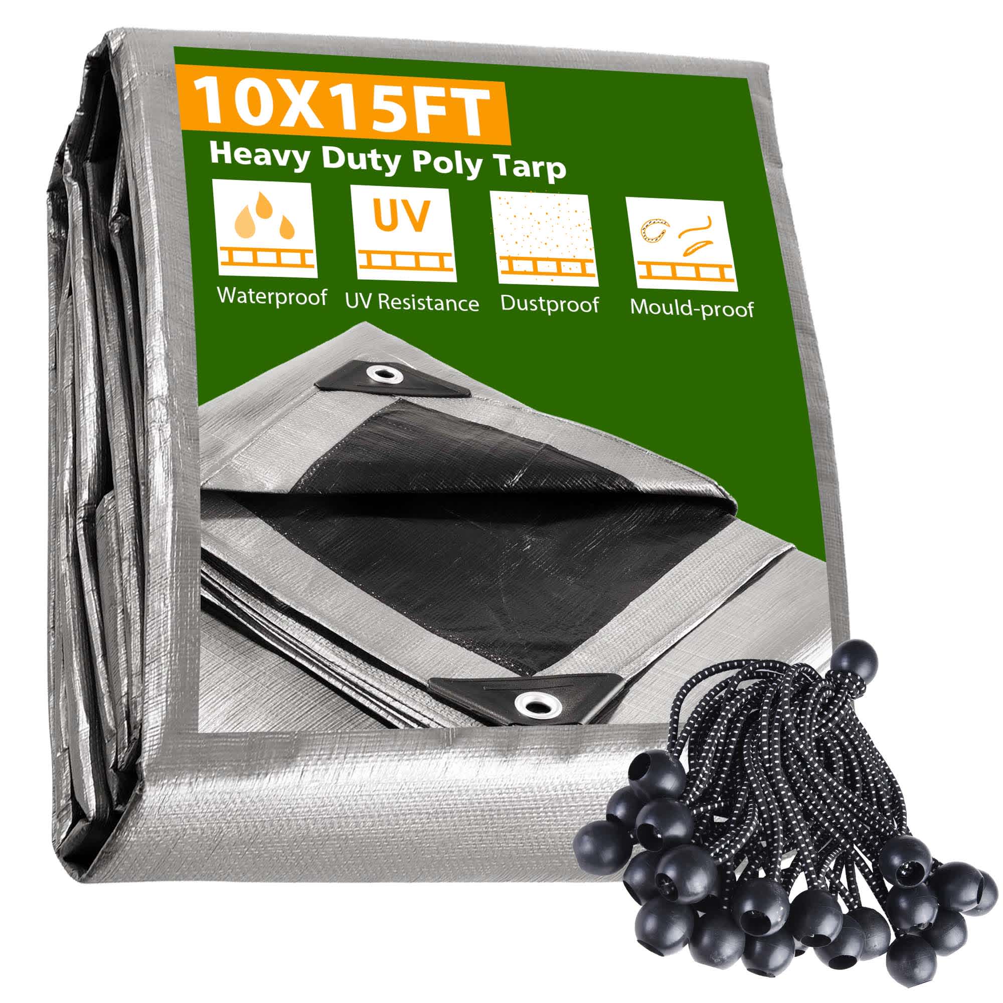 Yescom 07PTRSET001-015BC-LO 10x15 FT Waterproof Poly Tarp with 25 Ball Bungees Protect Cover 10mil Tarpaulin