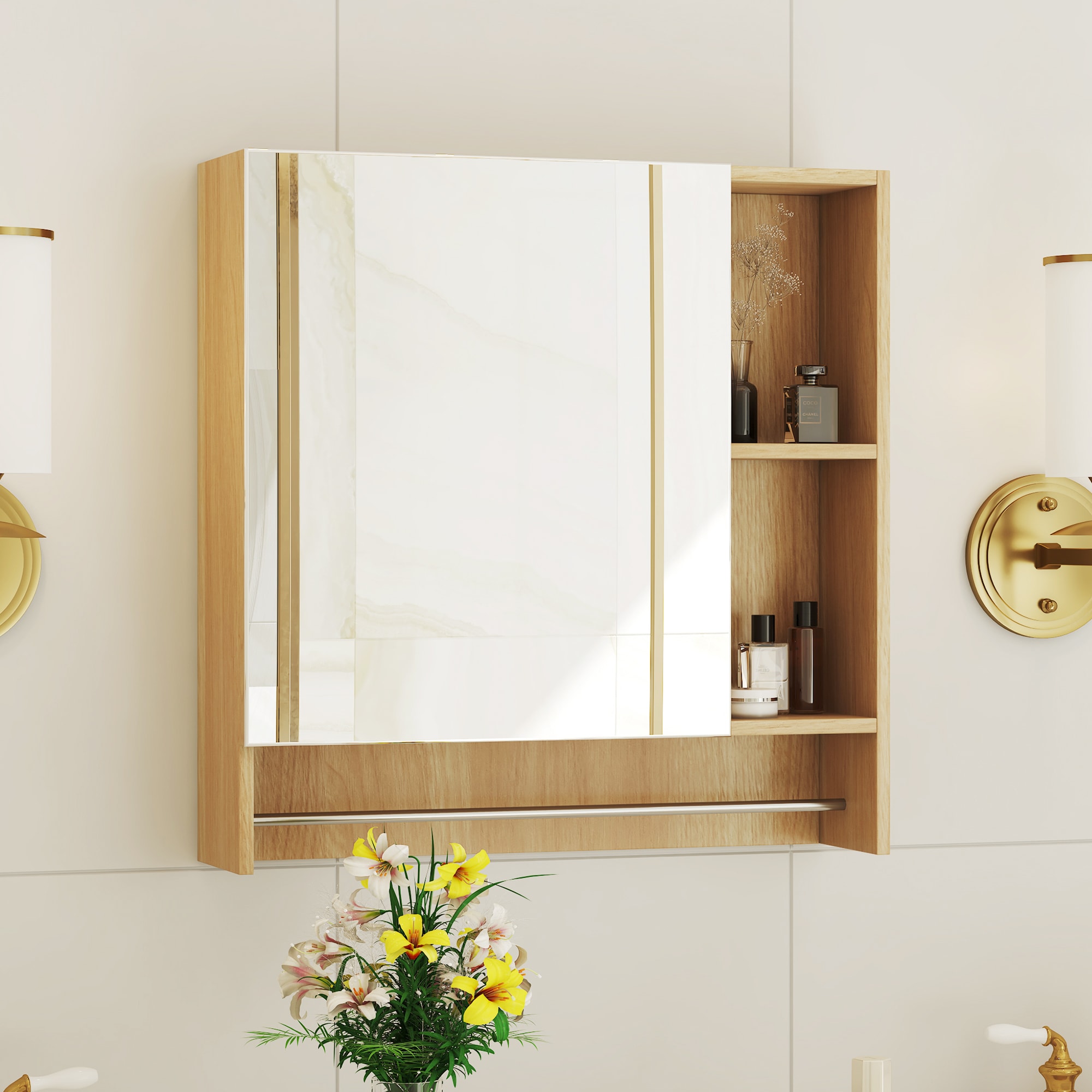 WELLFOR GIS3226P278933 21.6-in x 22-in x 6-in Natural Soft Close Bathroom Wall Cabinet