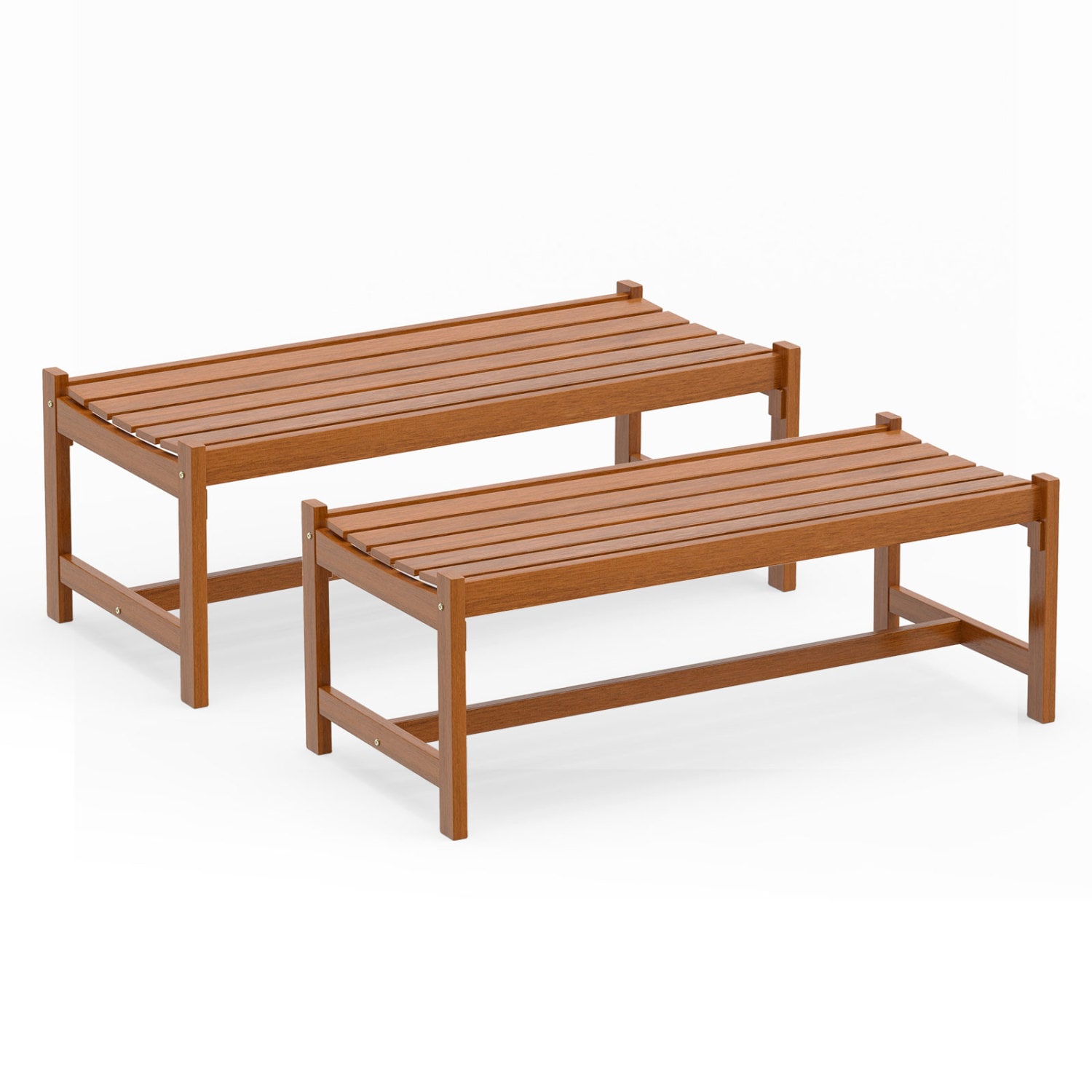 Slickblue Set of 2 Solid Hardwood Teak Finish Slatted Bench (44 Inch) Rectangular Dining Bench for Patio Garden Mudroom or Entry Seating