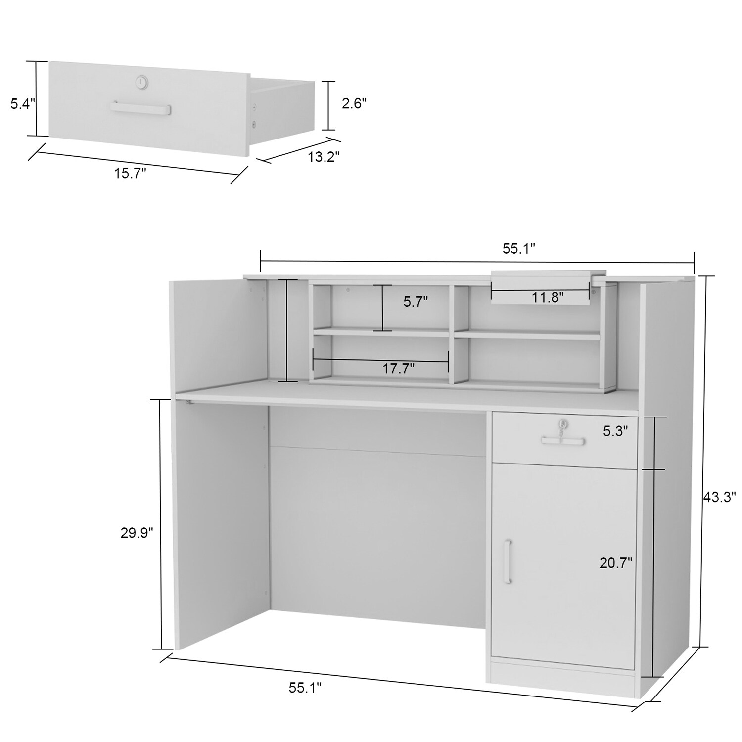 FUFU&GAGA 55.1 in. W x 43.3 in. H White MDF Computer Desk with a