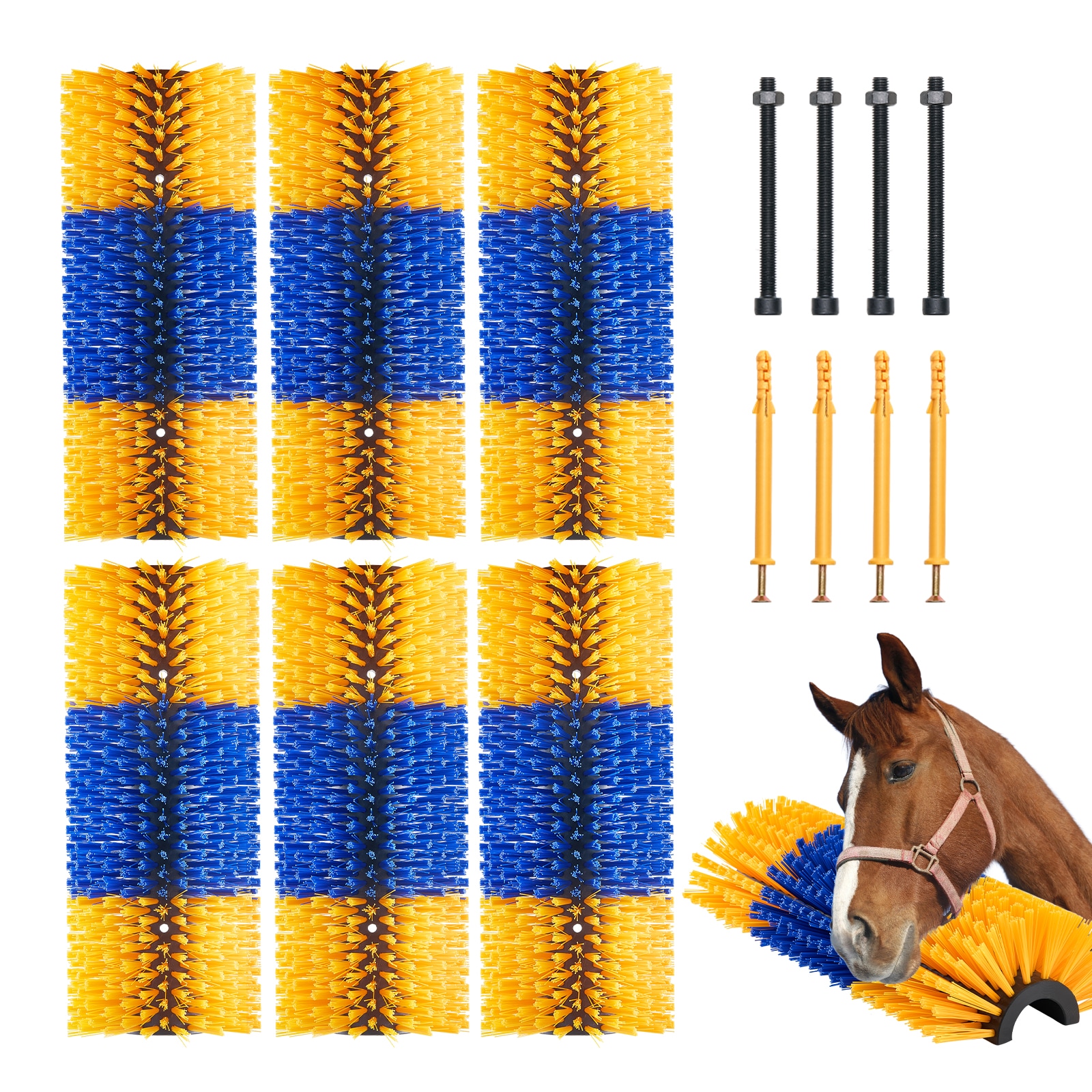 GIVIMO 6-Pack Wall-Mounted Livestock Scratching Brush Set 20-in Cattle and Horse Scratcher with 12 Mounting Screws and 2.17-in Reinforced Bristles for Back Itch Relief in Barn Stall Corral and Enclosure Grooming of Horses Cows Pigs Sheep and Deer