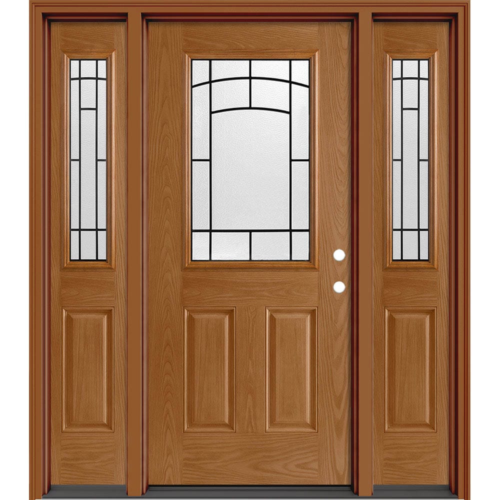 Masonite 631794 Brooklyn 64-in x 80-in x 4-9/16-in Fiberglass Half lite Left-hand inswing Roma Red Painted Prehung Slab Front Door with Sidelights with Brickmould Solid core