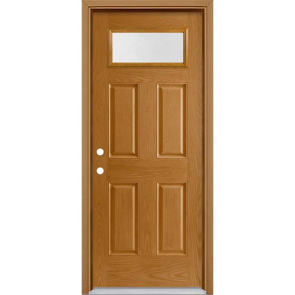 Masonite 628884 Pear Textured Glass 32-in x 80-in x 4-9/16-in Fiberglass 1/4 lite Right-hand inswing Oakcrest Stained Prehung Front Door with Brickmould Insulating core