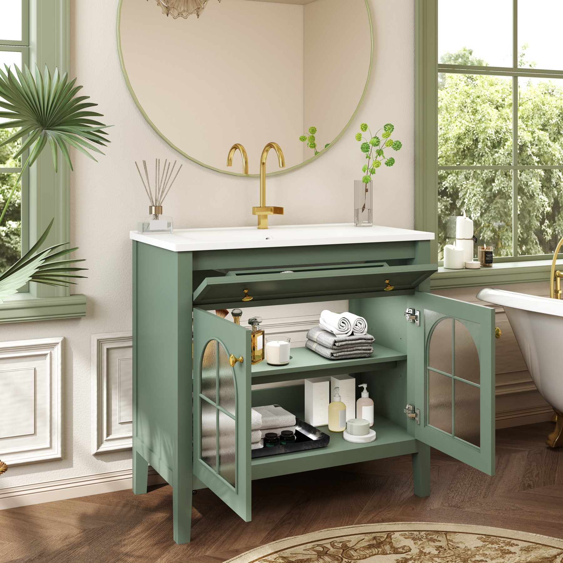 GlasFlength  36-Inch Mid Century Bathroom Vanity Cabinet With Sink Storage And Doors Practical Organization for Bathroom Restroom Space Green