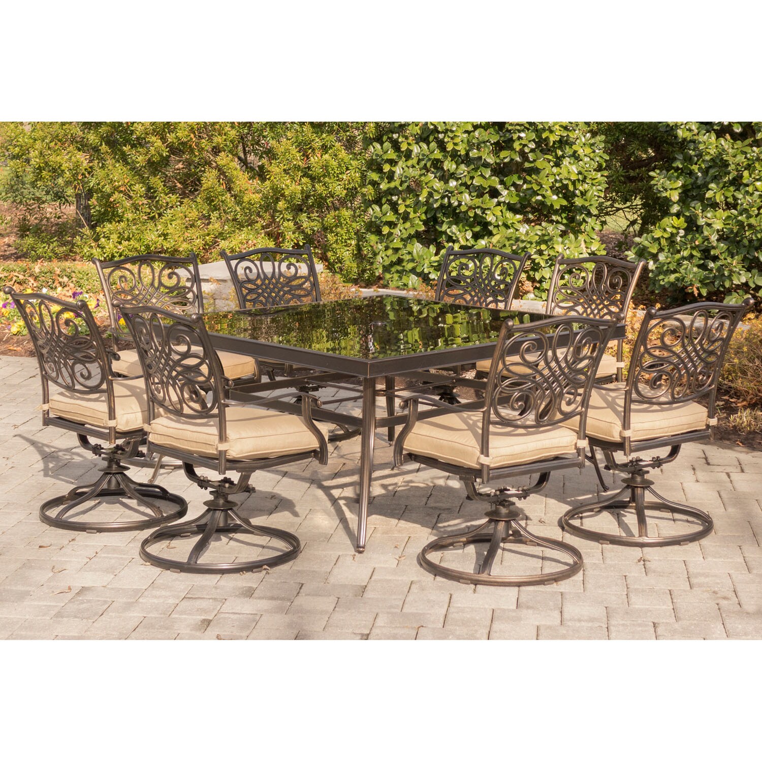 Traditions 9-Piece Bronze Aluminum Outdoor Dining Set with Tan Cushions