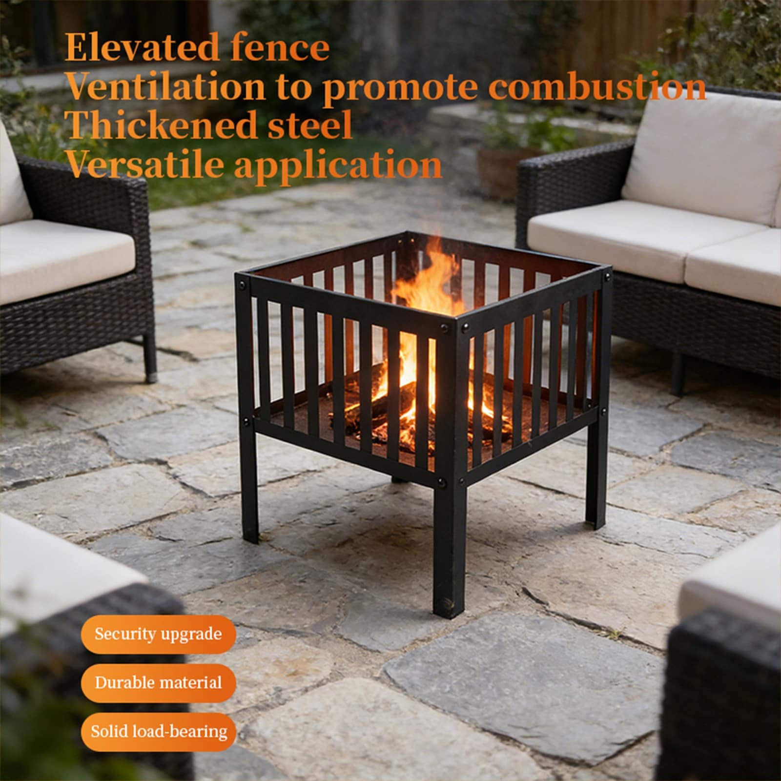 Bestcore - 16-in Square Steel Fire Pit with Slatted Side Panels - Black Portable Outdoor Firepit ...