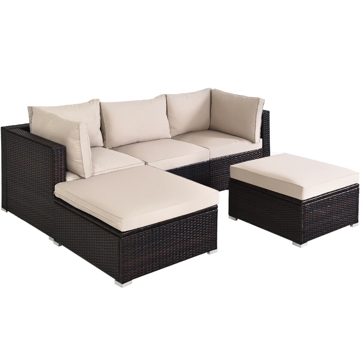 Forclover HBV-HW668BN 5 Pieces Patio Sectional Rattan Furniture Set Rattan Outdoor Sectional with Beige Cushions and Steel Frame