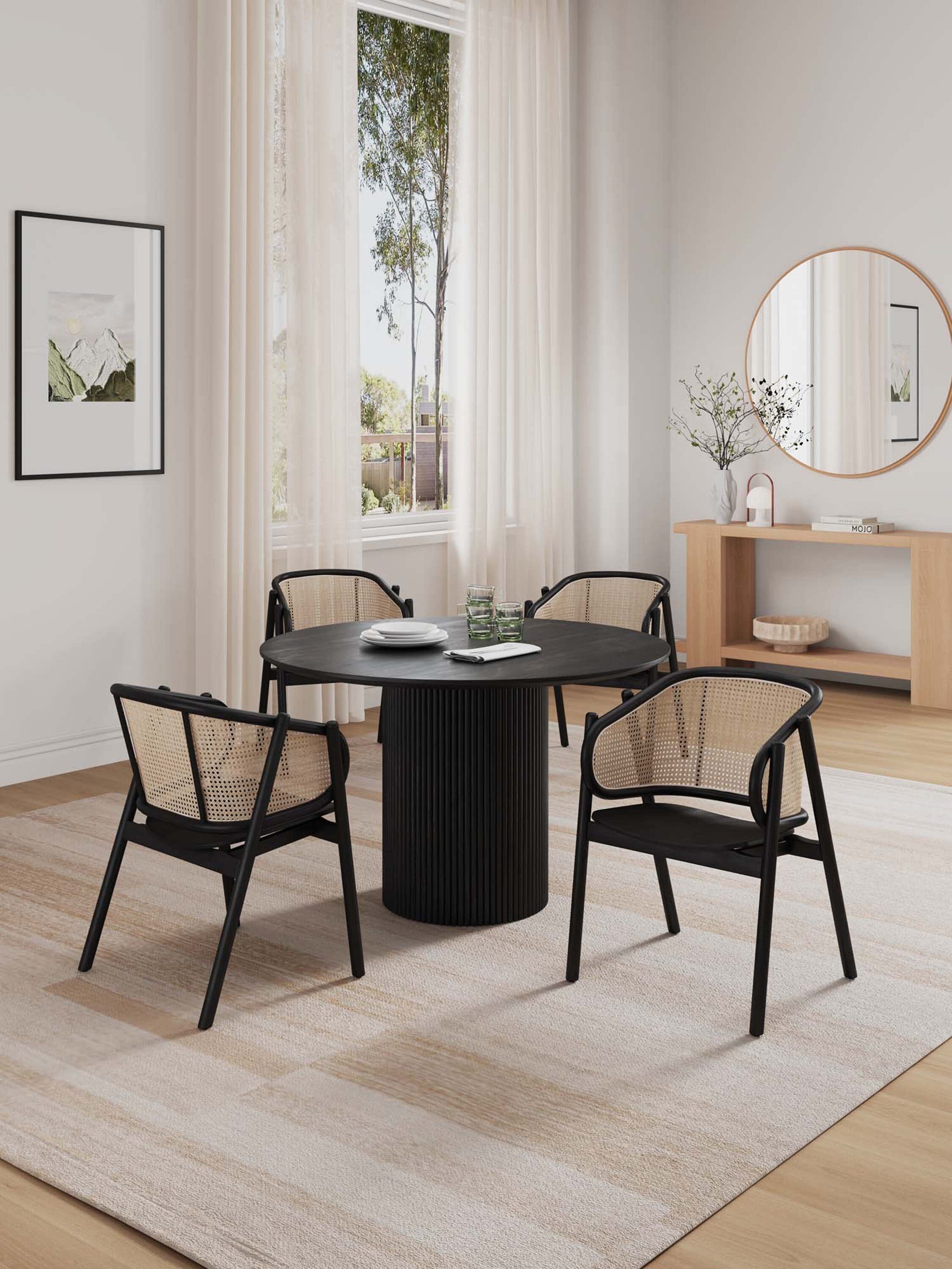 Black Ash Wood Round Dining Table with 4 Cane Chairs