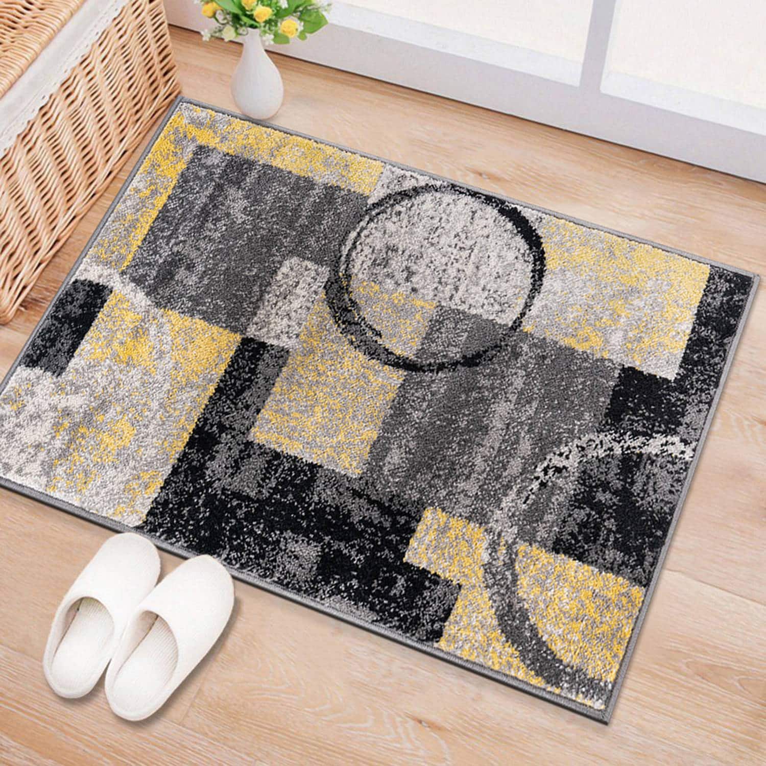 Yellow and Gray Abstract Circle Design Area Rug 2' x 3'