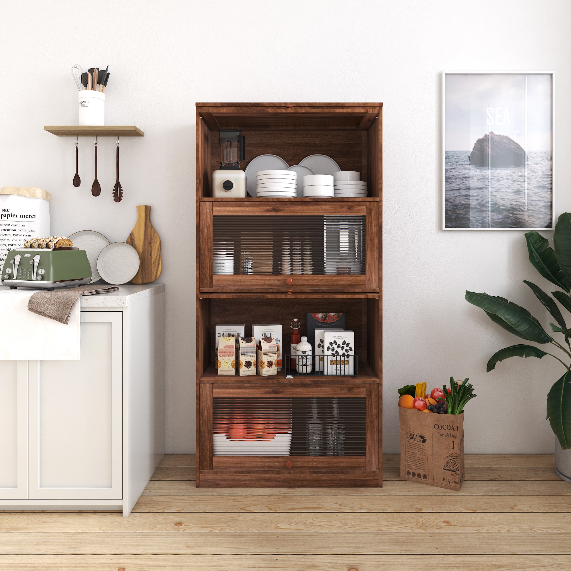 LOVMOR SF-Y-W331P195805 Bookcase Contemporary Closed Back Glass Doors Office Storage Cabinet Floor to Ceiling Low Cabinet Bookcase Against Wall Dustproof Bookshelf