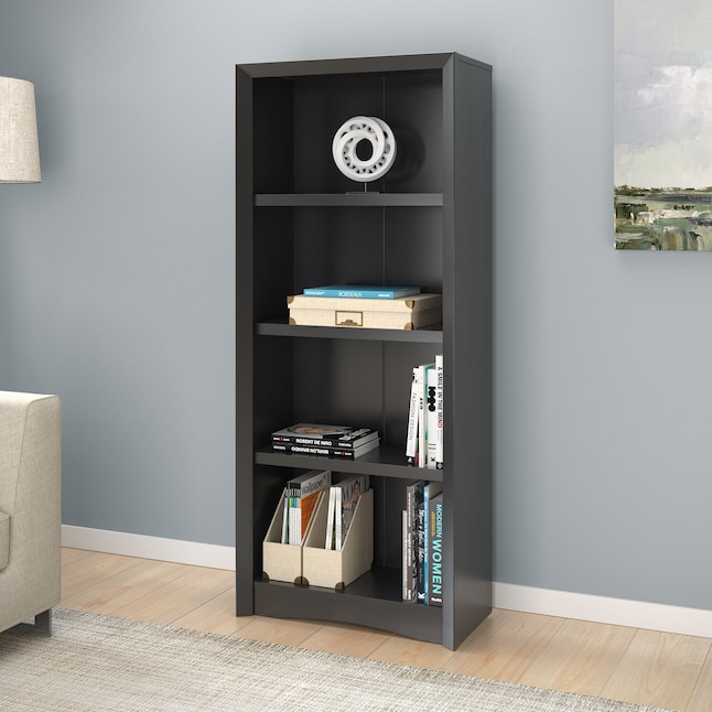 Corliving Quadra Black 4 Shelf Bookcase, Modern Black Tall Bookcase