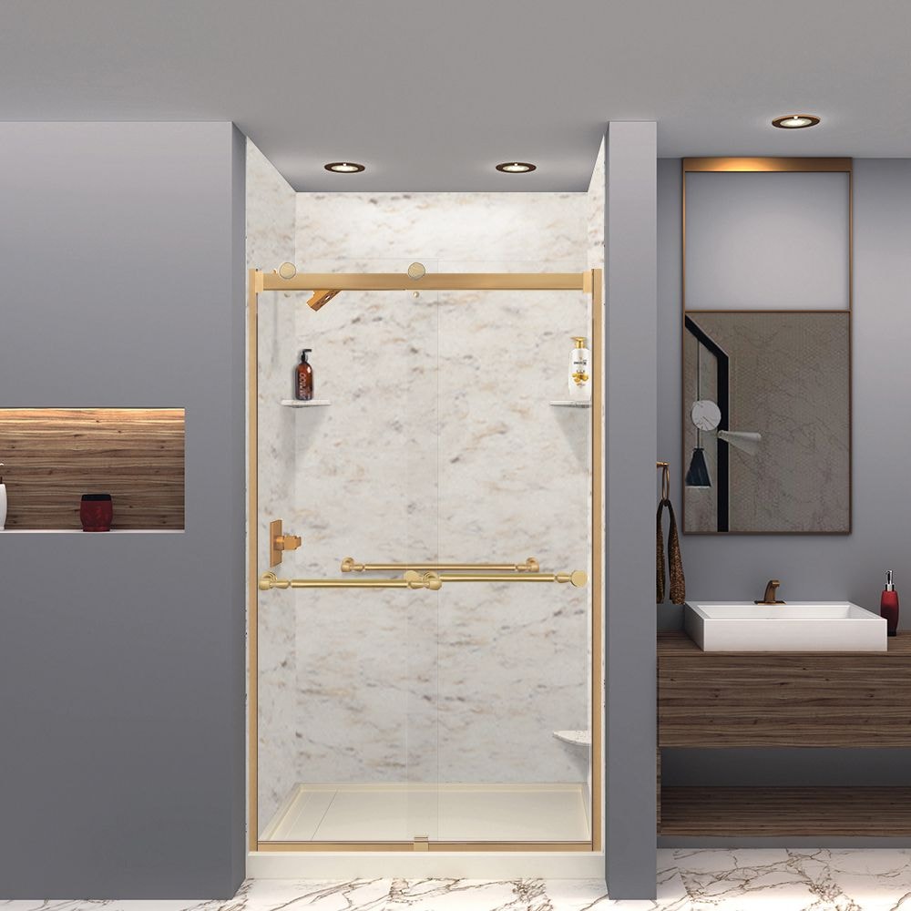 Transolid SWK483696-48V Saramar Velvet 36-in W x 36-in D x 96-in H Biscotti Marble Velvet 3-Piece Glue Up Alcove Shower Panel Kit
