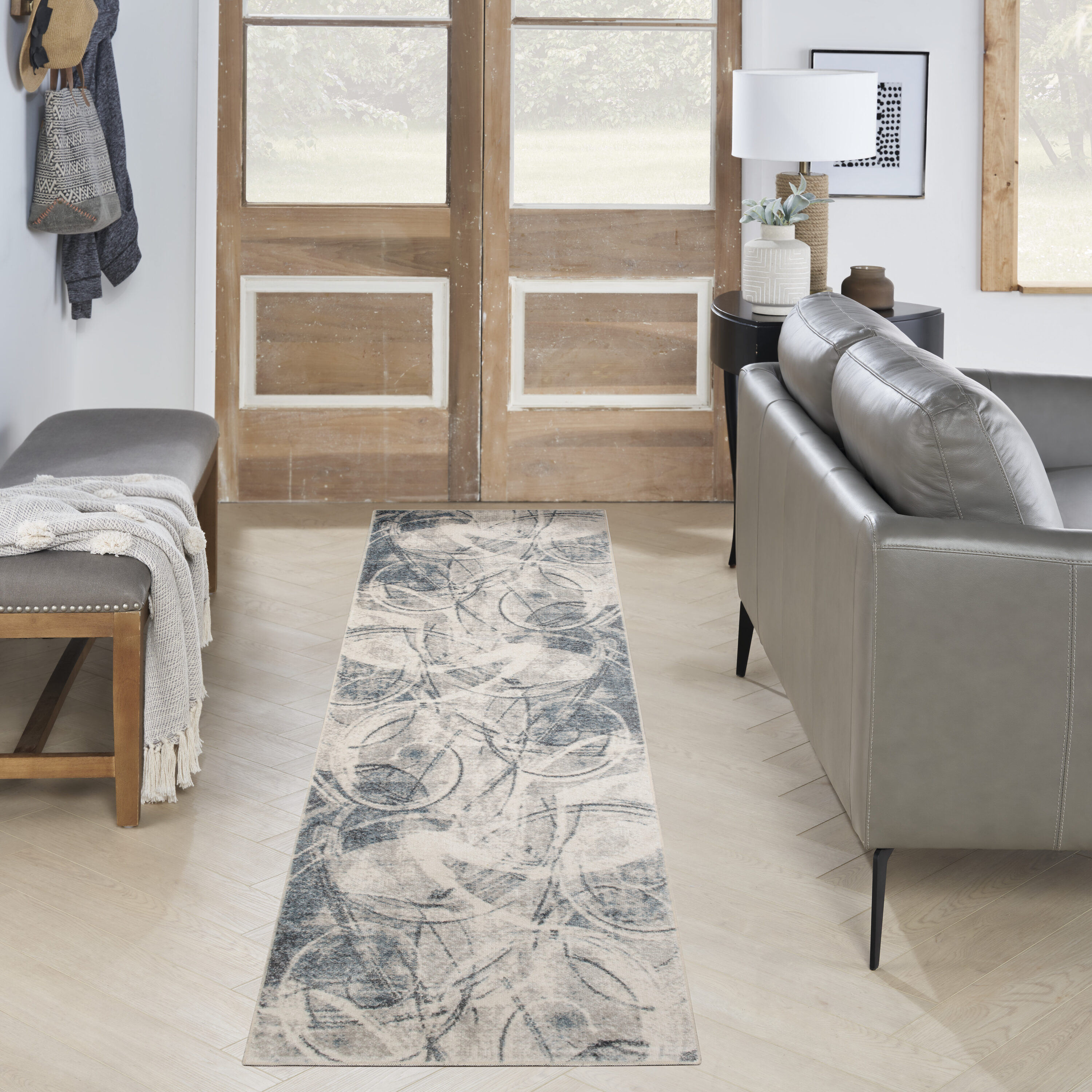 Nourison Home 099446977762 Astra Machine Washable 2 x 6 (ft) Loomed Polyester Silver Blue Rectangular Indoor Abstract Machine washable Runner rug