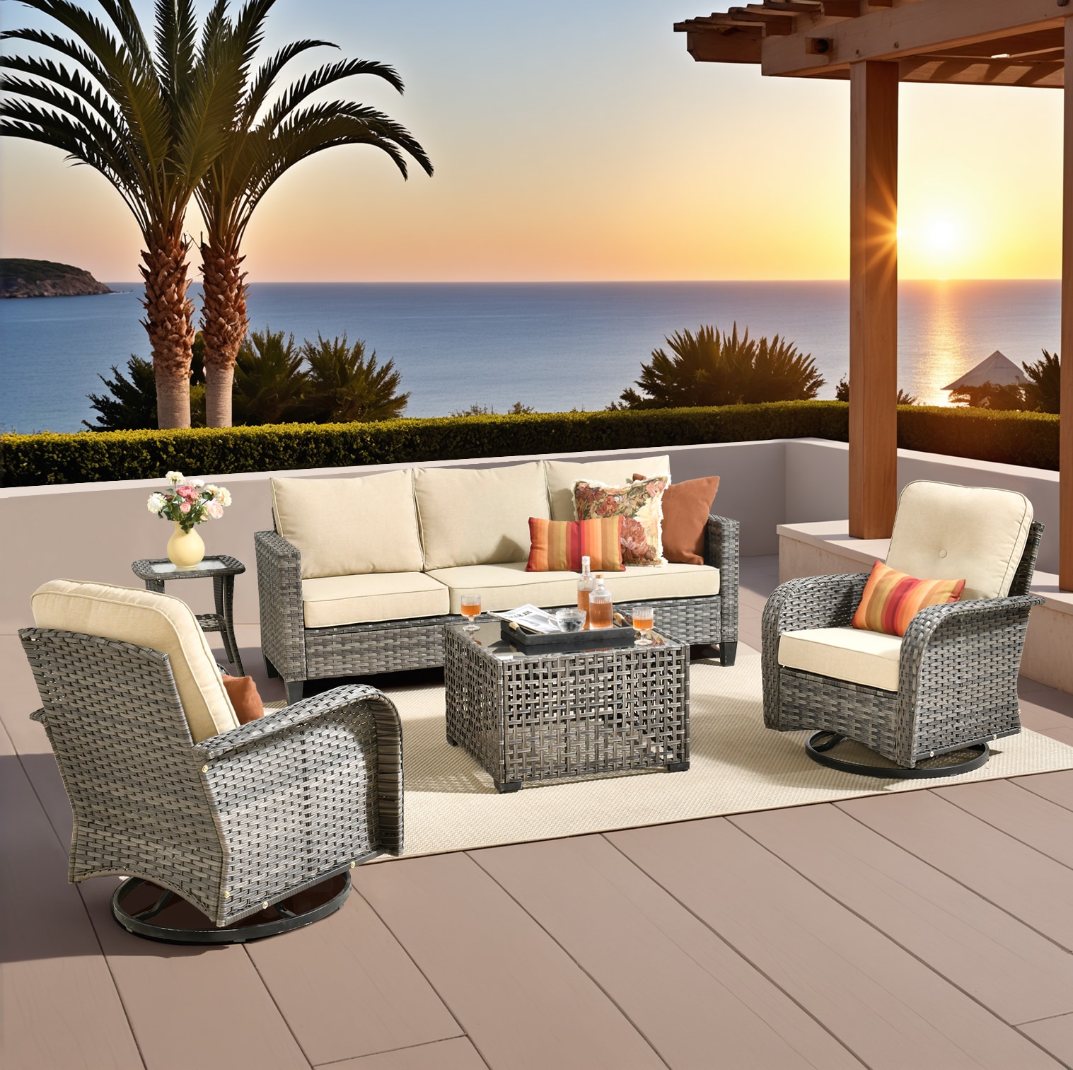 Pouuin SYZGNC605 5 -Piece Wicker Patio Sofa Conversation Set with Beige Cushions