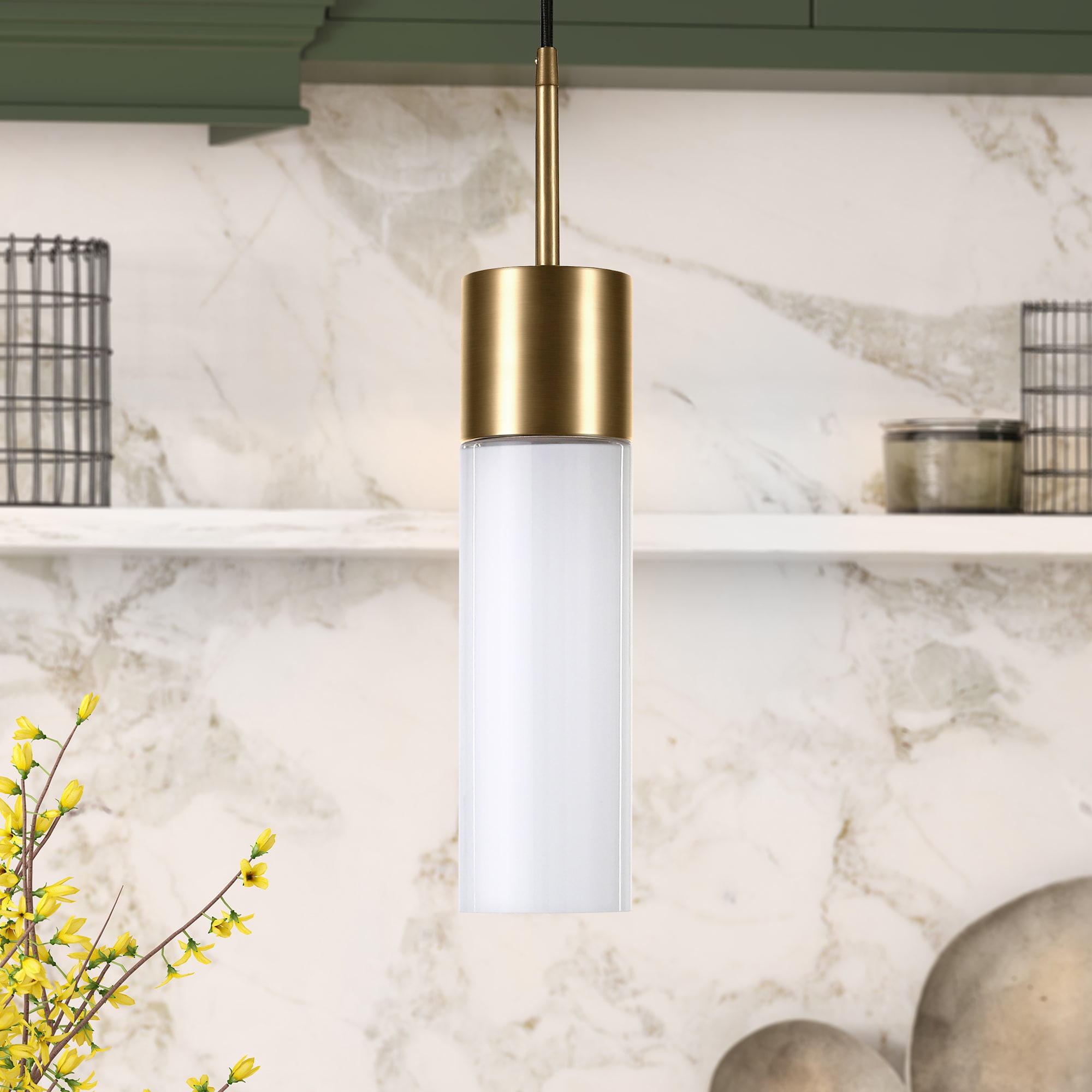 Hailey Home PD0491 Lance Brass Transitional White glass Drum Medium (10-22 inches) Hanging Pendant light