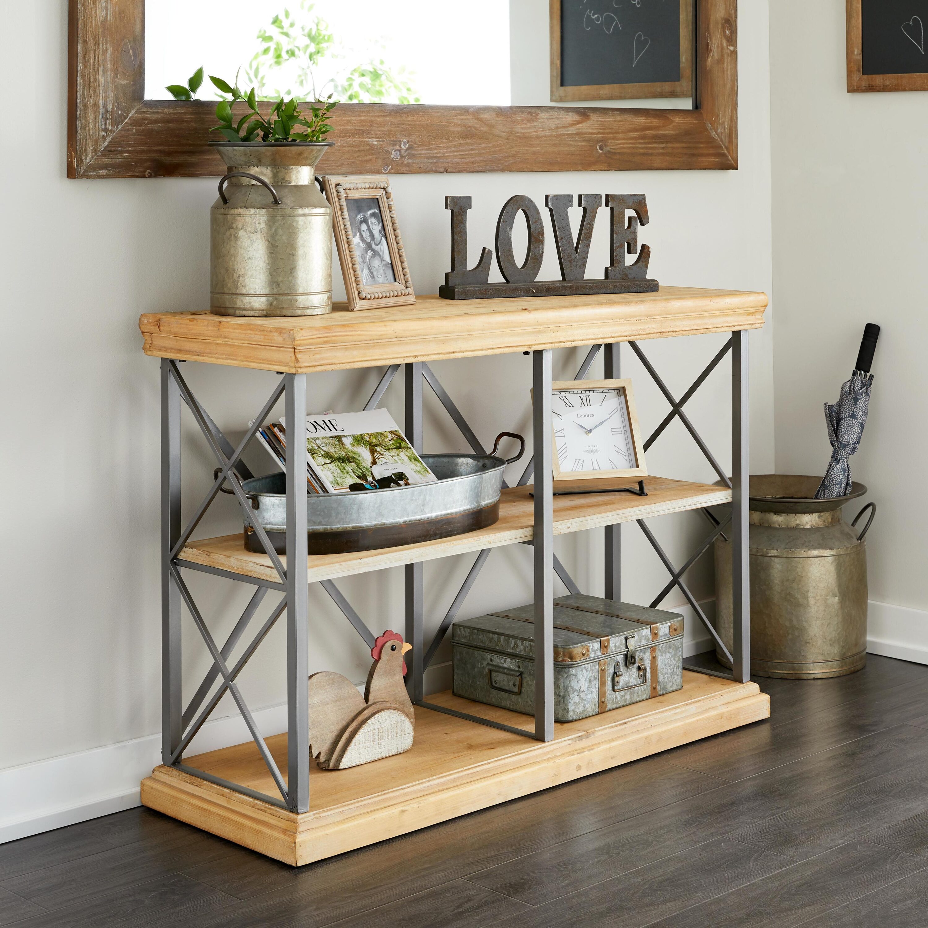 48" Brown Fir Wood and Iron 3-Tier Shelving Unit