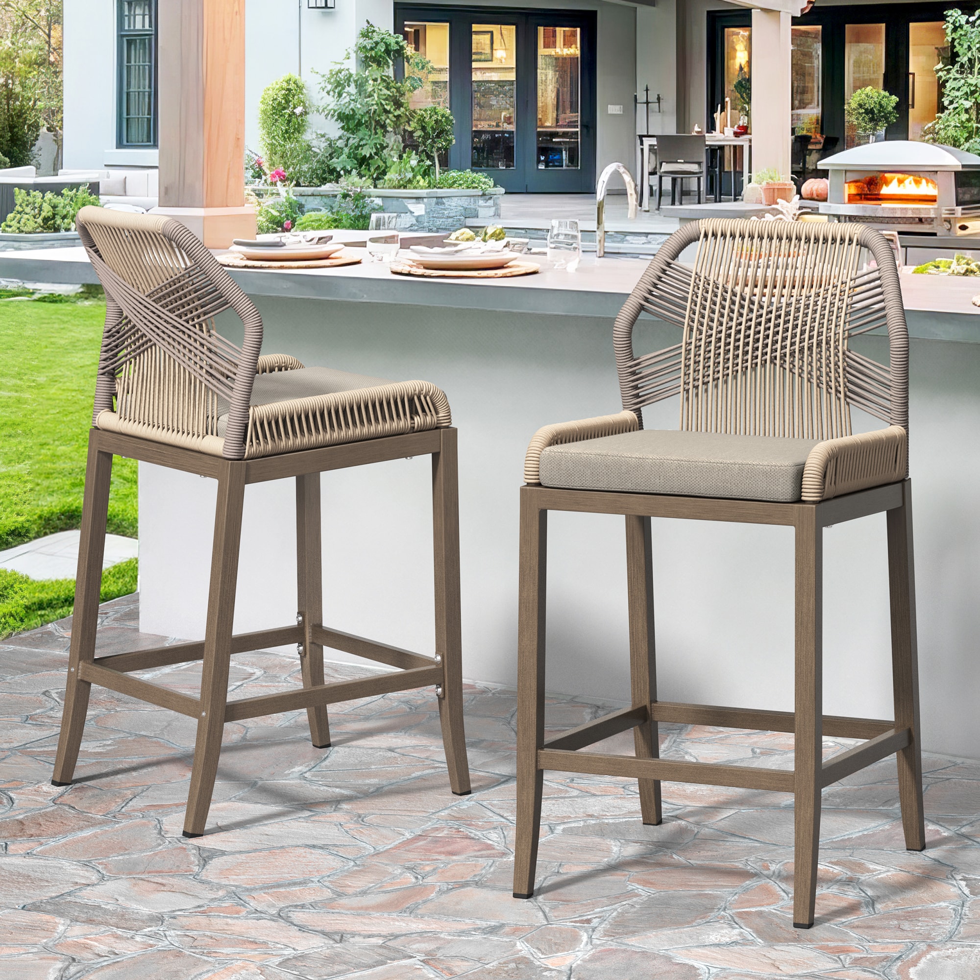 Yurevna JY-038-01LS Aluminum Patio Bar Set of 2 Wicker Light Grey Aluminum Frame Stationary Bar Stool Chair with Light gray Cushioned Seat