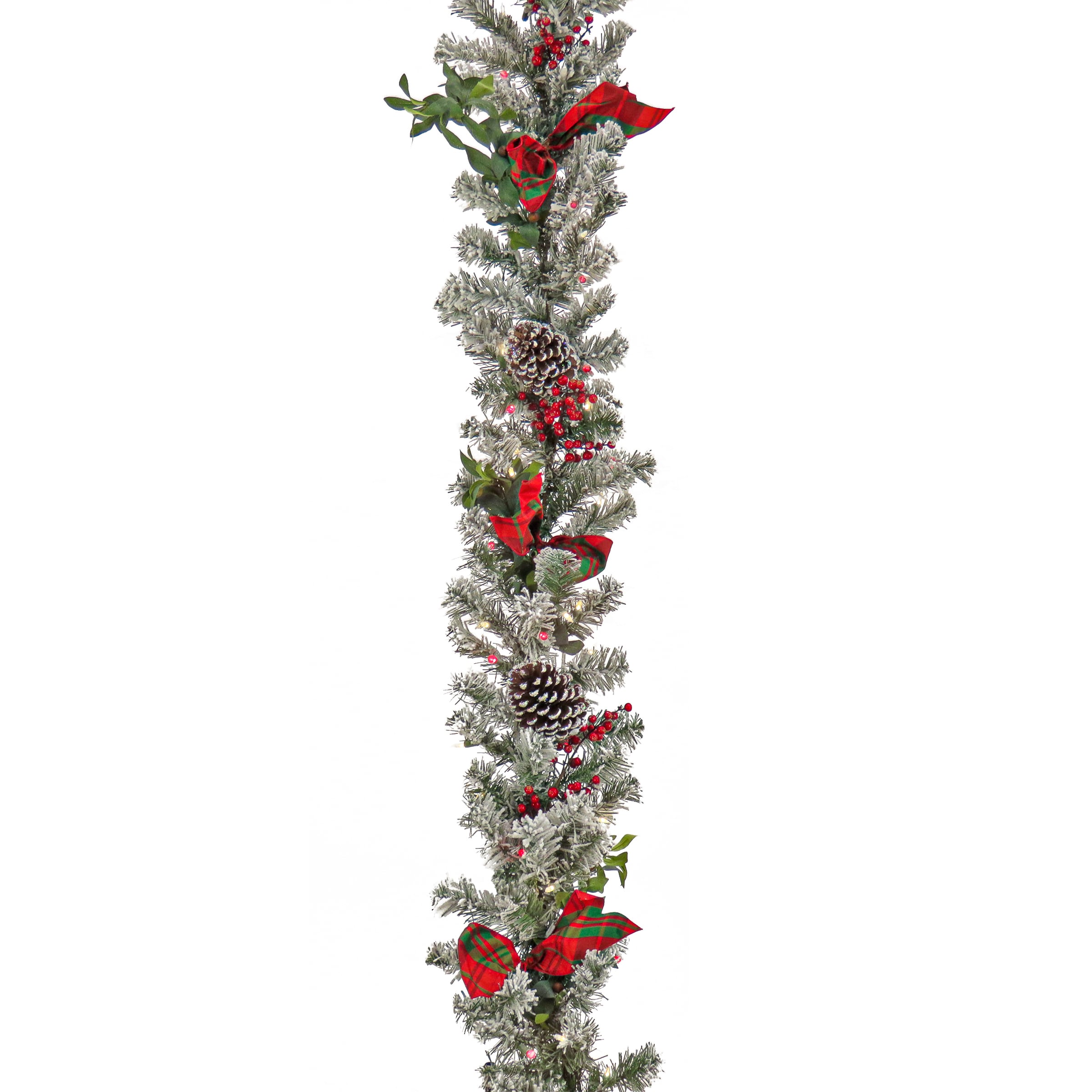 9' Snowy Pine Cone Garland with LED Lights and Bows
