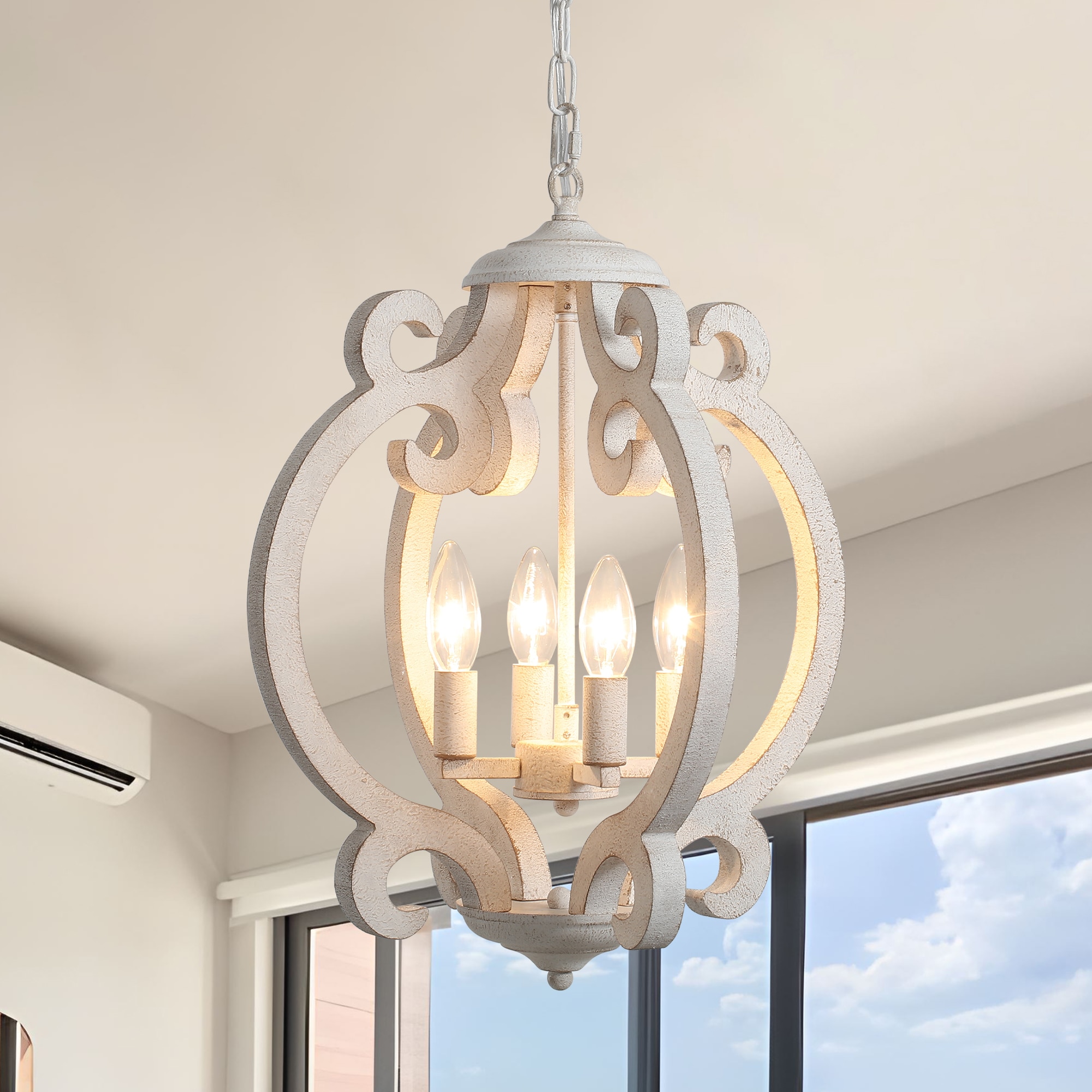 HLJYNJM Rustic Farmhouse Lantern Chandelier 4-Light Adjustable Candle Pendant Lighting for Kitchen Island Cottage