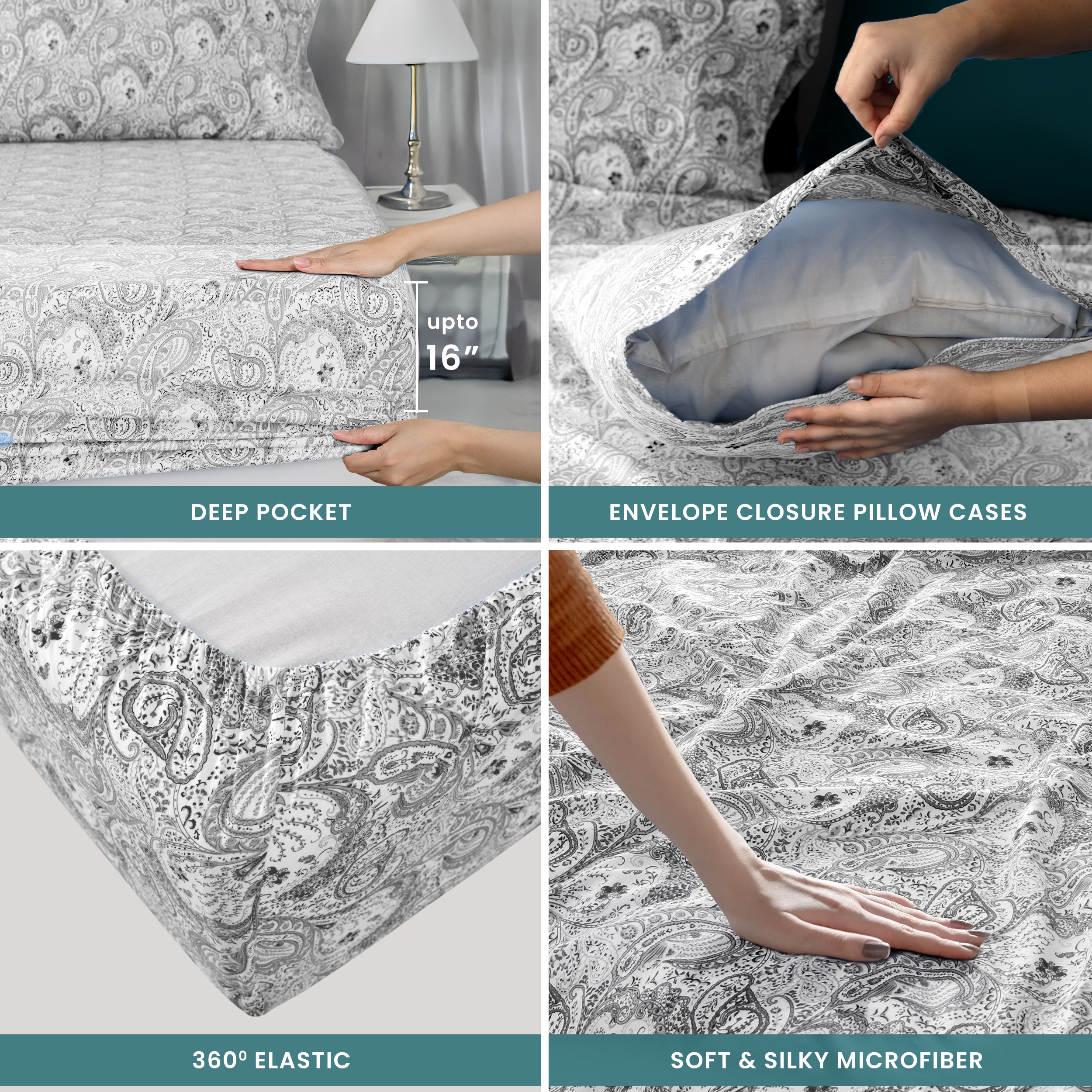Lux Decor Collection PAISLEY Q WHT GRY Sheet-Sets - View #3