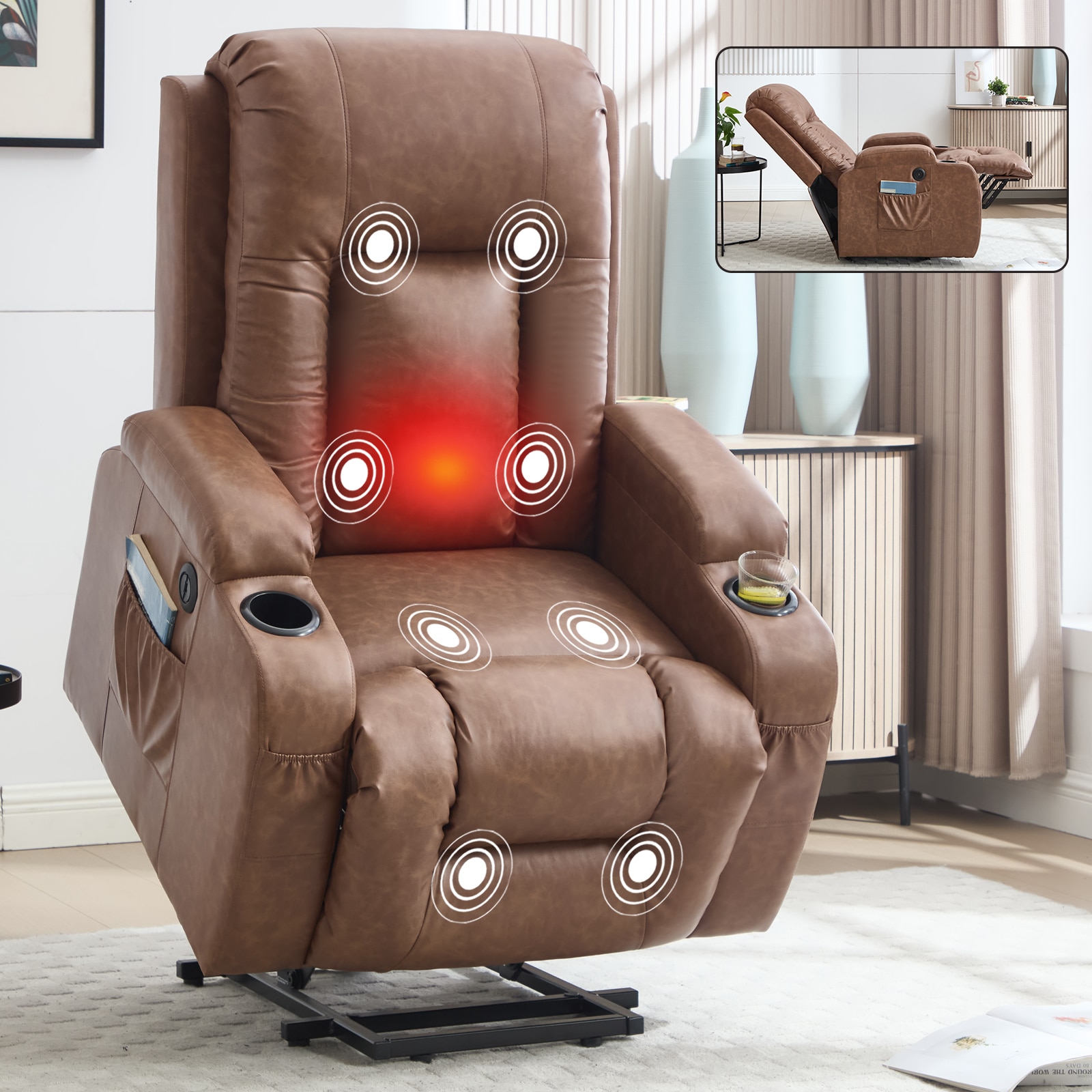 Tatayosi RY-03S00083 Brown PU Power Lift Recliner Chair with Massage Heat USB Port and Cup Holders Heavy Duty 350 lbs Capacity High Back Recliner for Elderly