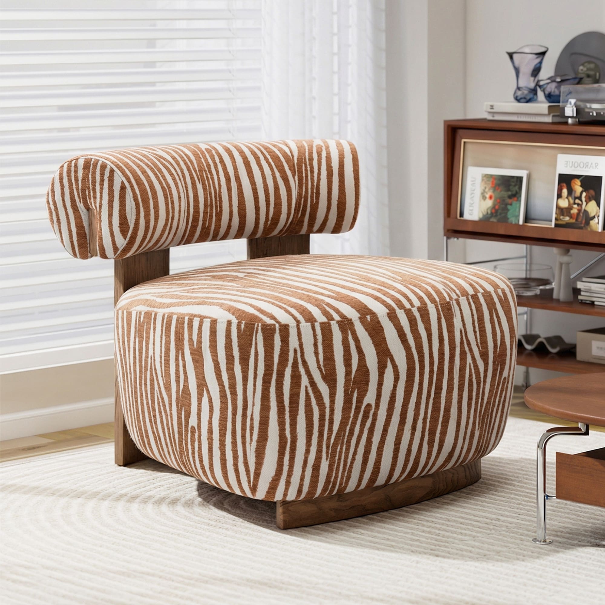 Anysun Modern Zebra Stripe Accent Chair 30.3 Inch Cylindrical Backrest Chenille Upholstered with Wood Frame for Living Room Orange