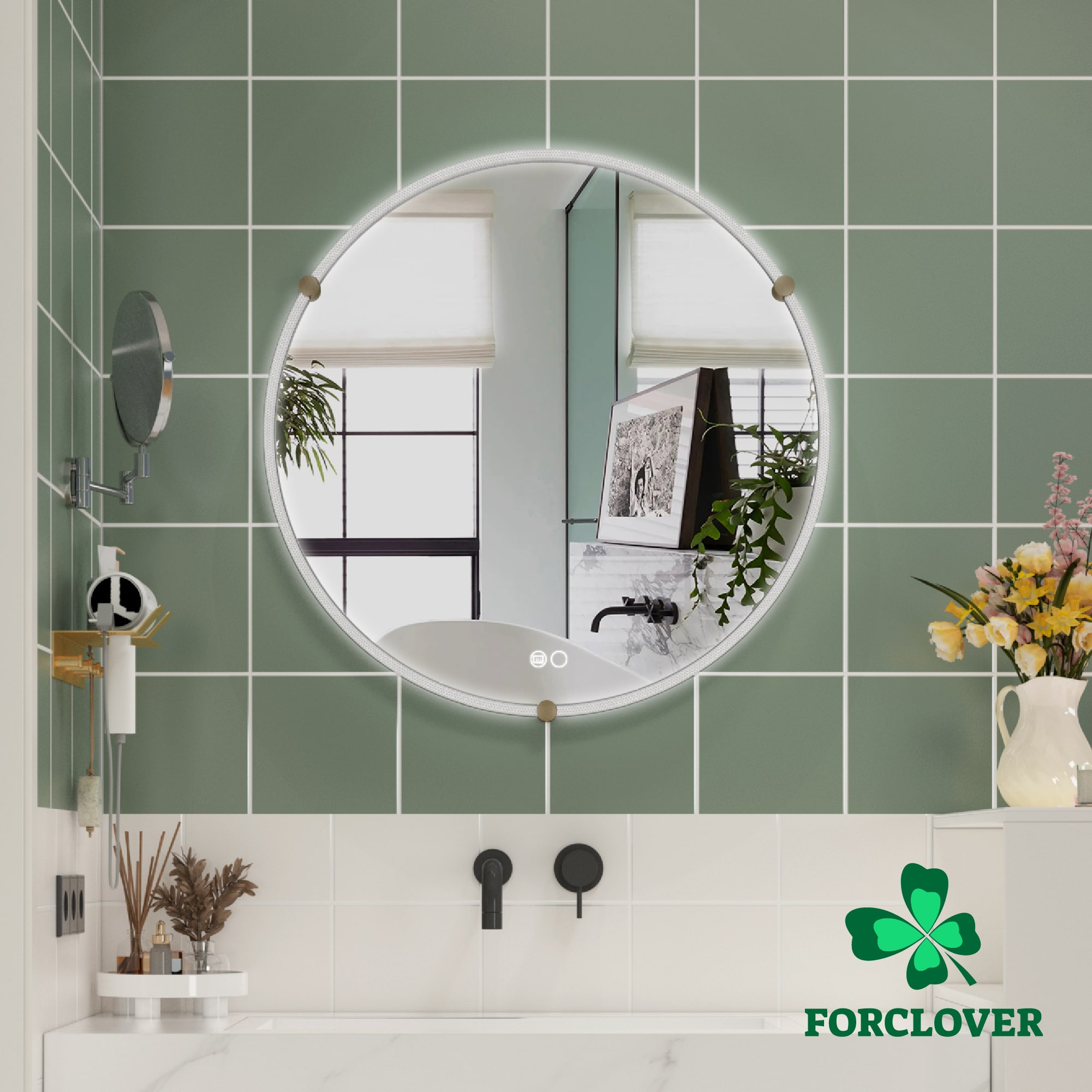 Forclover EVR-BM02 32-in x 32-in Framed Round Dimmable LED Lighted Fog Free Bathroom Vanity Mirror ( Black )