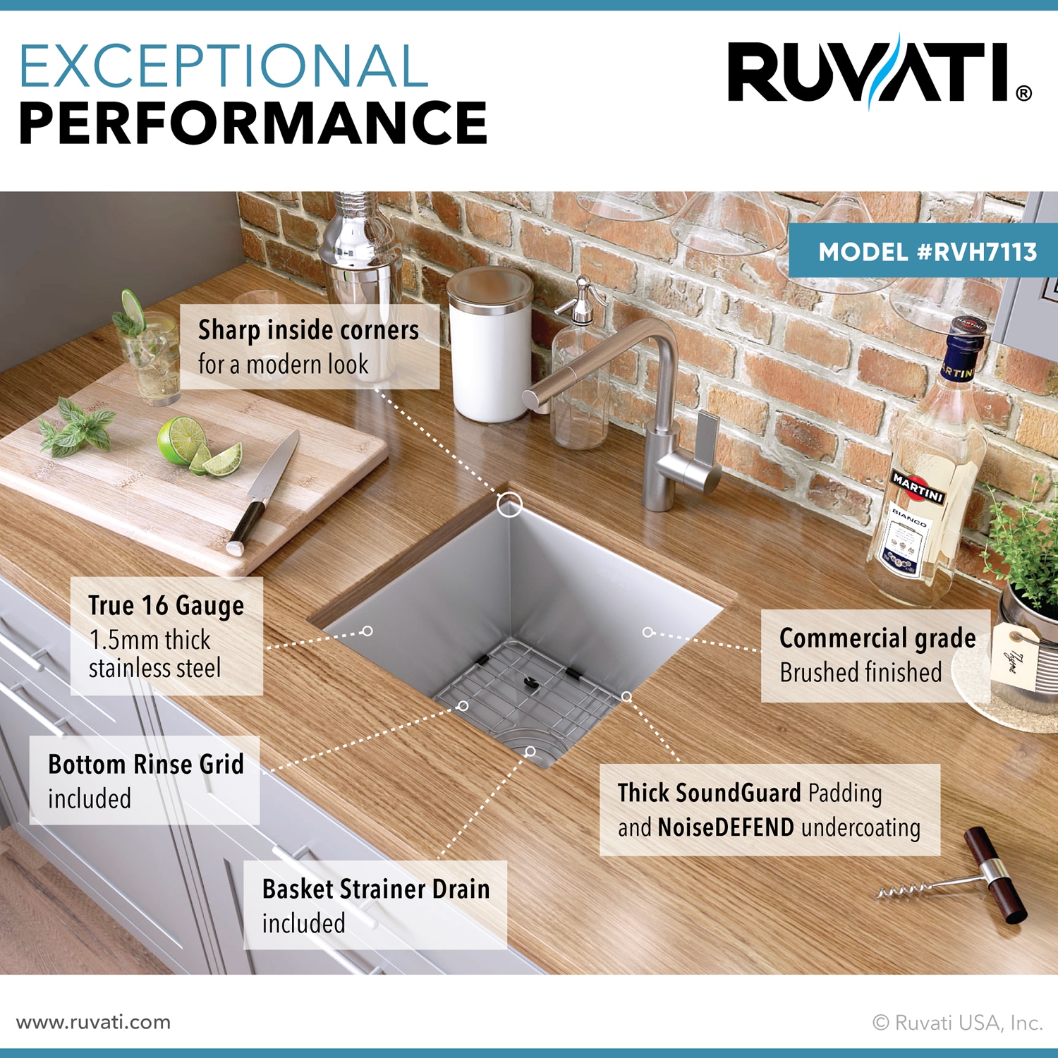 Brushed Stainless Steel Undermount Single Bowl Bar Prep Sink
