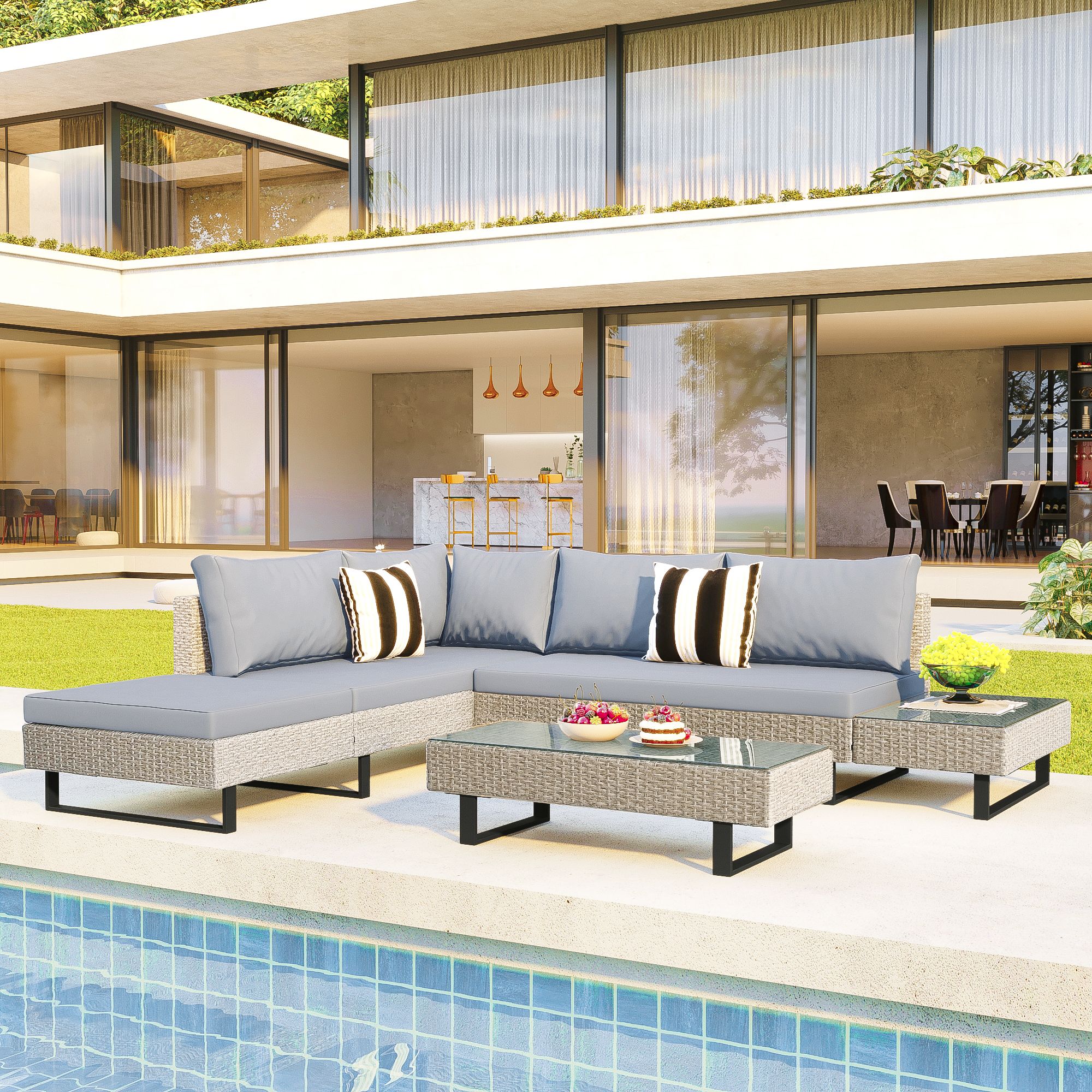 Clihome CNBL-07PGY 3.0 -Piece Wicker Patio Sofa Conversation Set with Brown Cushions