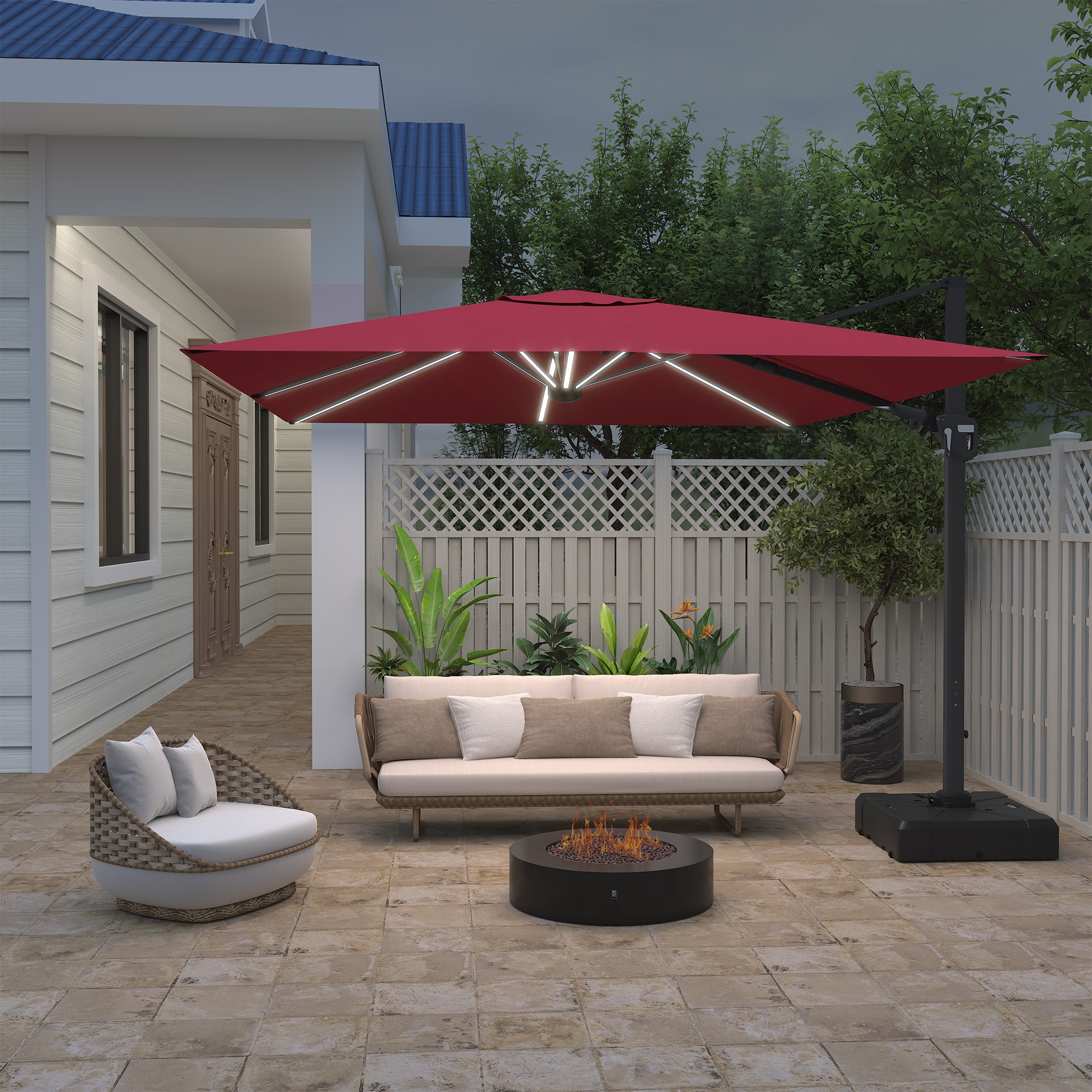 Clihome 11-ft Aluminum Red Crank Cantilever Patio Umbrella with Lights ...