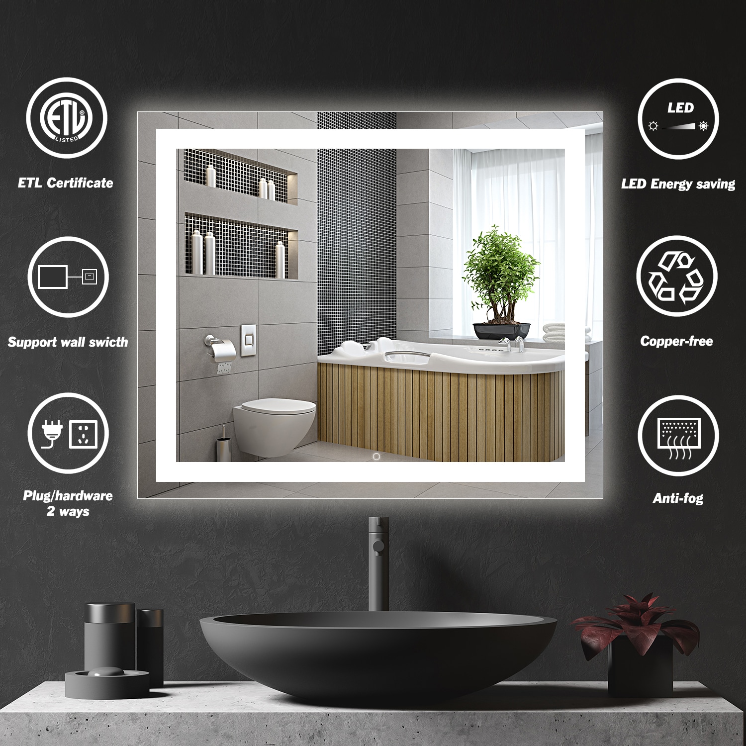 HomLux HOMLUX LED Bathroom Mirror 36-in x 30-in Frameless Dimmable ...