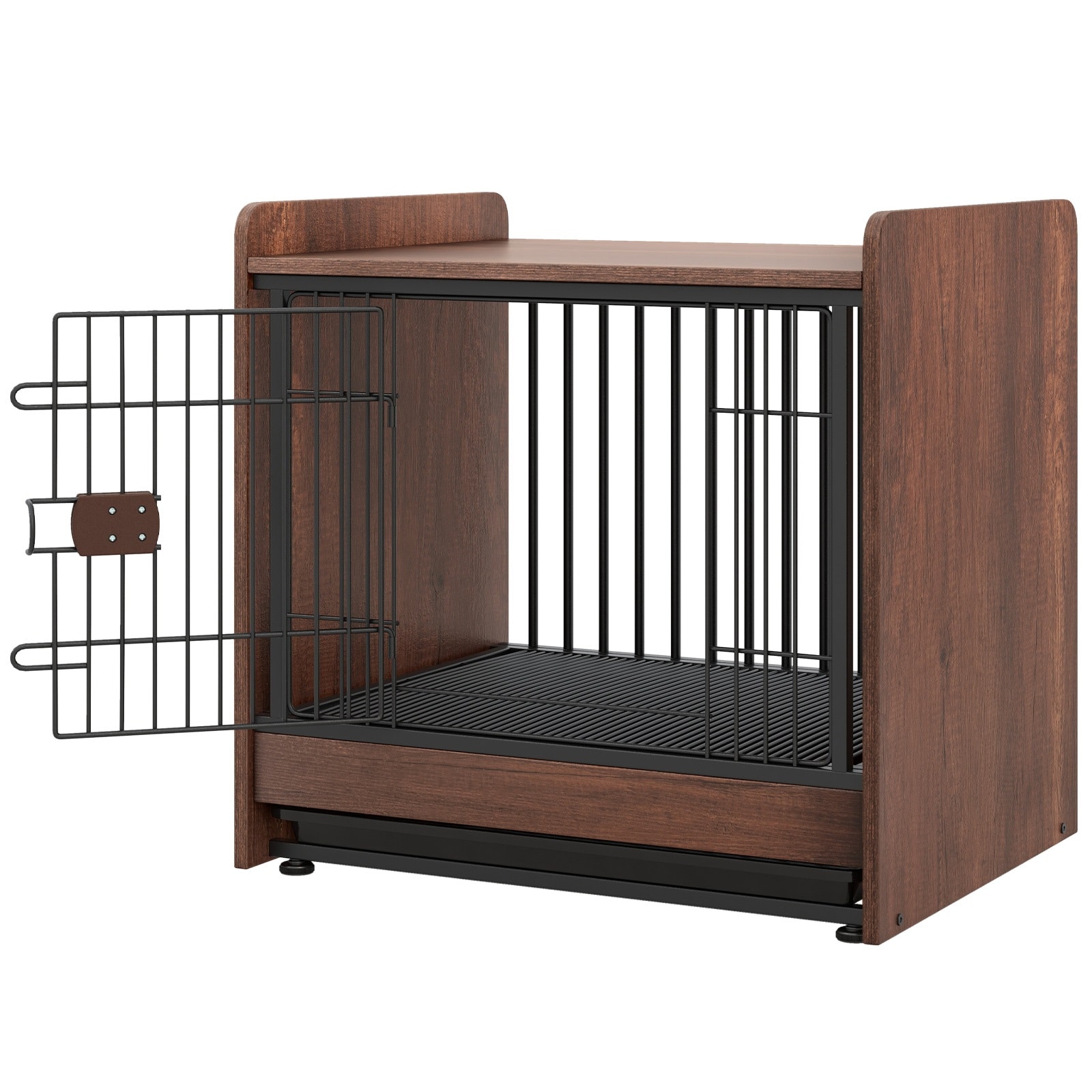 Slickblue Rustic Brown Dog Crate with Pull Out Tray and Lockable Door for Indoor Living Room or Bedroom