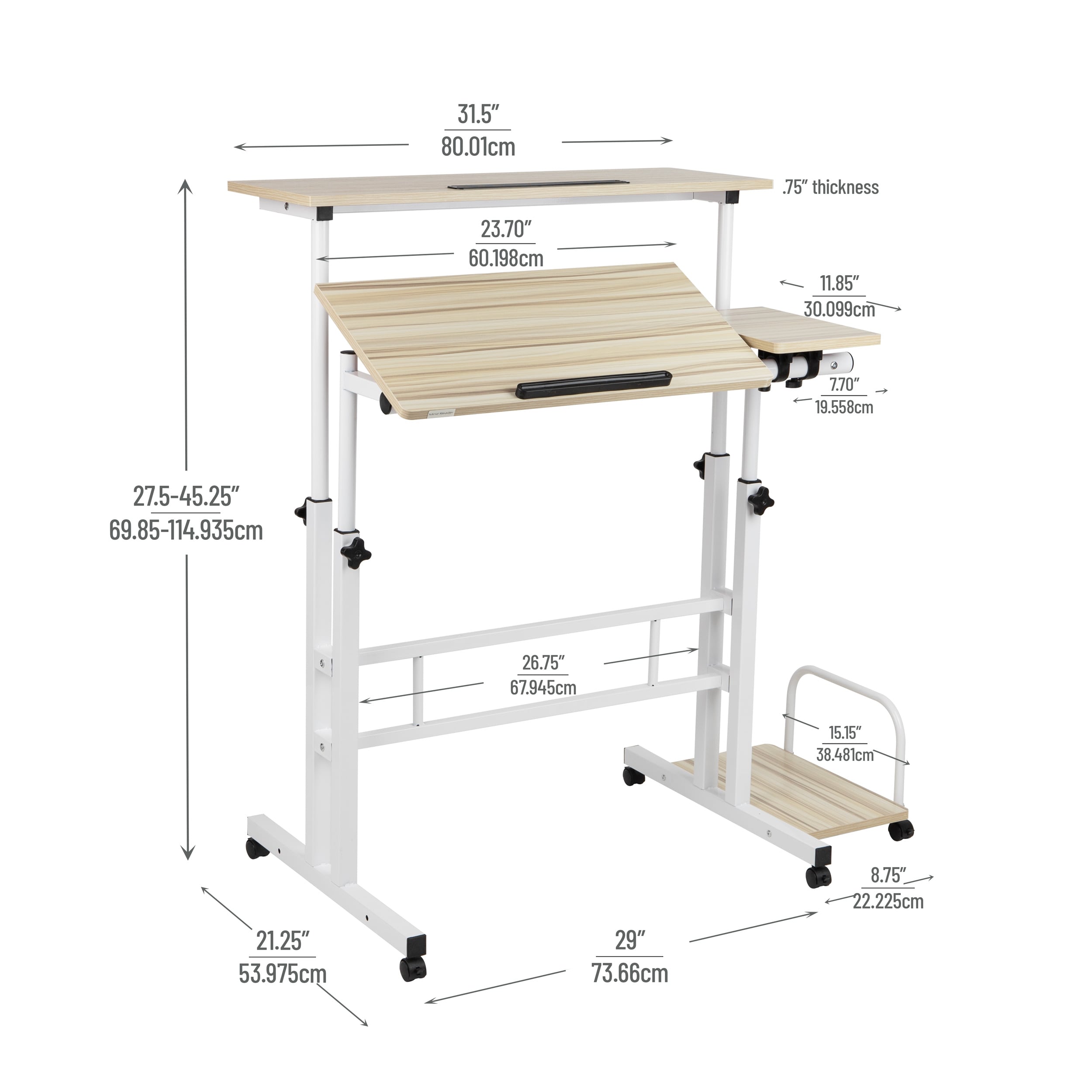 White Adjustable Height Mobile Standing Desk with Keyboard Tray