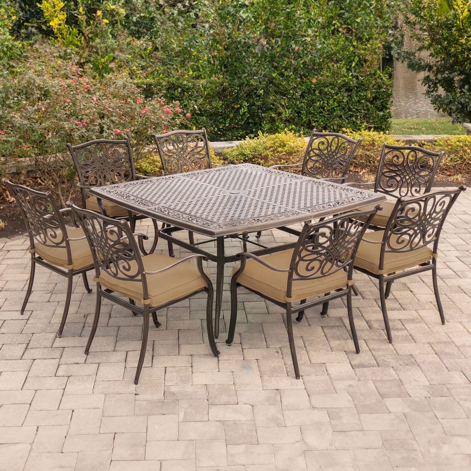 Hanover TRADDN9PCSQ Traditions 9 -Piece Bronze Patio Dining Set Aluminum Square Table with 8 Tan Cushions Stationary Chairs